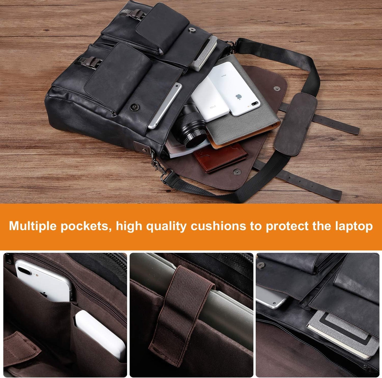 seyfocnia Men's Vintage Black 17.3 Inch Water Resistant PU Leather Laptop Bag, Messenger Bag