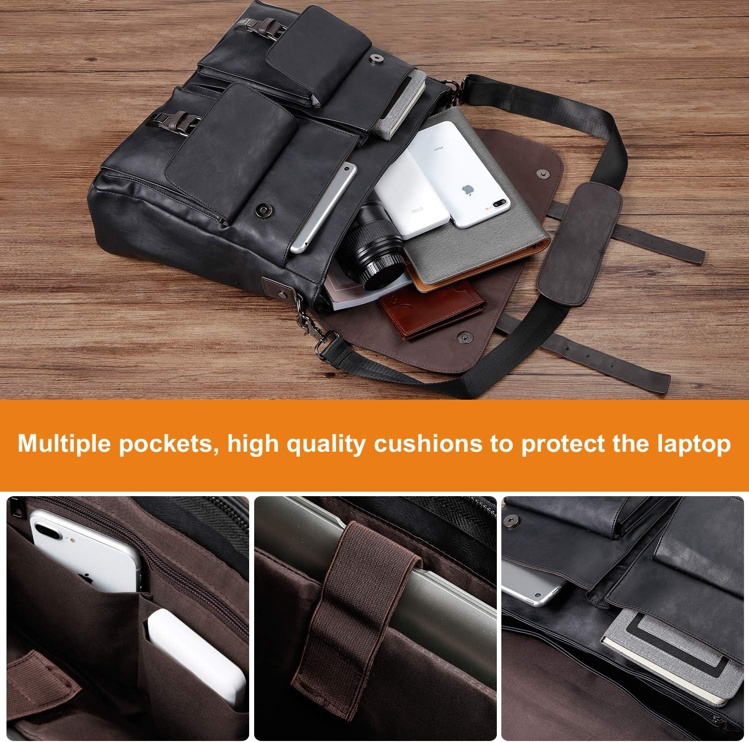 seyfocnia Men's Vintage Black 17.3 Inch Water Resistant PU Leather Laptop Bag, Messenger Bag