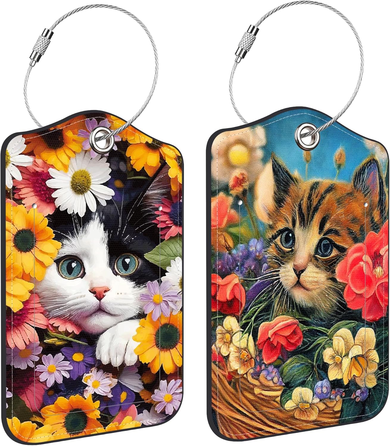 Luggage Tags for Suitcase Cute Cat and Flower 2 PCS Leather Travel Luggage Tag with Stainless Steel Loop Name ID Label Privacy Cover for Women Men Travel