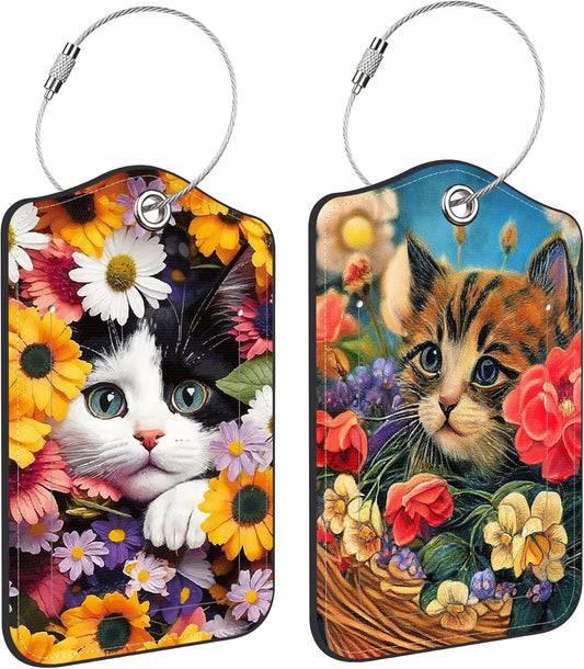 Luggage Tags for Suitcase Cute Cat and Flower 2 PCS Leather Travel Luggage Tag with Stainless Steel Loop Name ID Label Privacy Cover for Women Men Travel