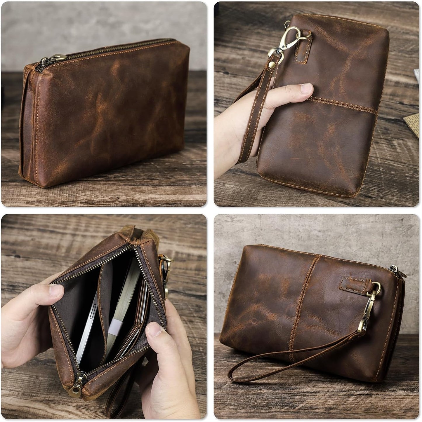 Top Grain Genuine Leather Clutch Wallet with Wristlet for Man & Woman, Handmade Simple Retro Vintage Design, Multi Pockets & Card Slots, RFID Large Capacity for Cards/ID/Checks/Banknote/Phone, Coffee