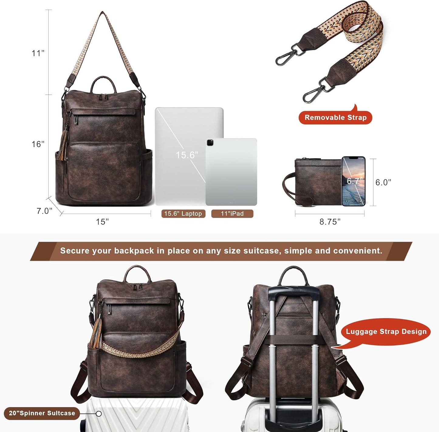 Shrrie Vegan Leather Laptop Backpack for Women 15.6 inch Work Backpack Fashion Travel Backpack