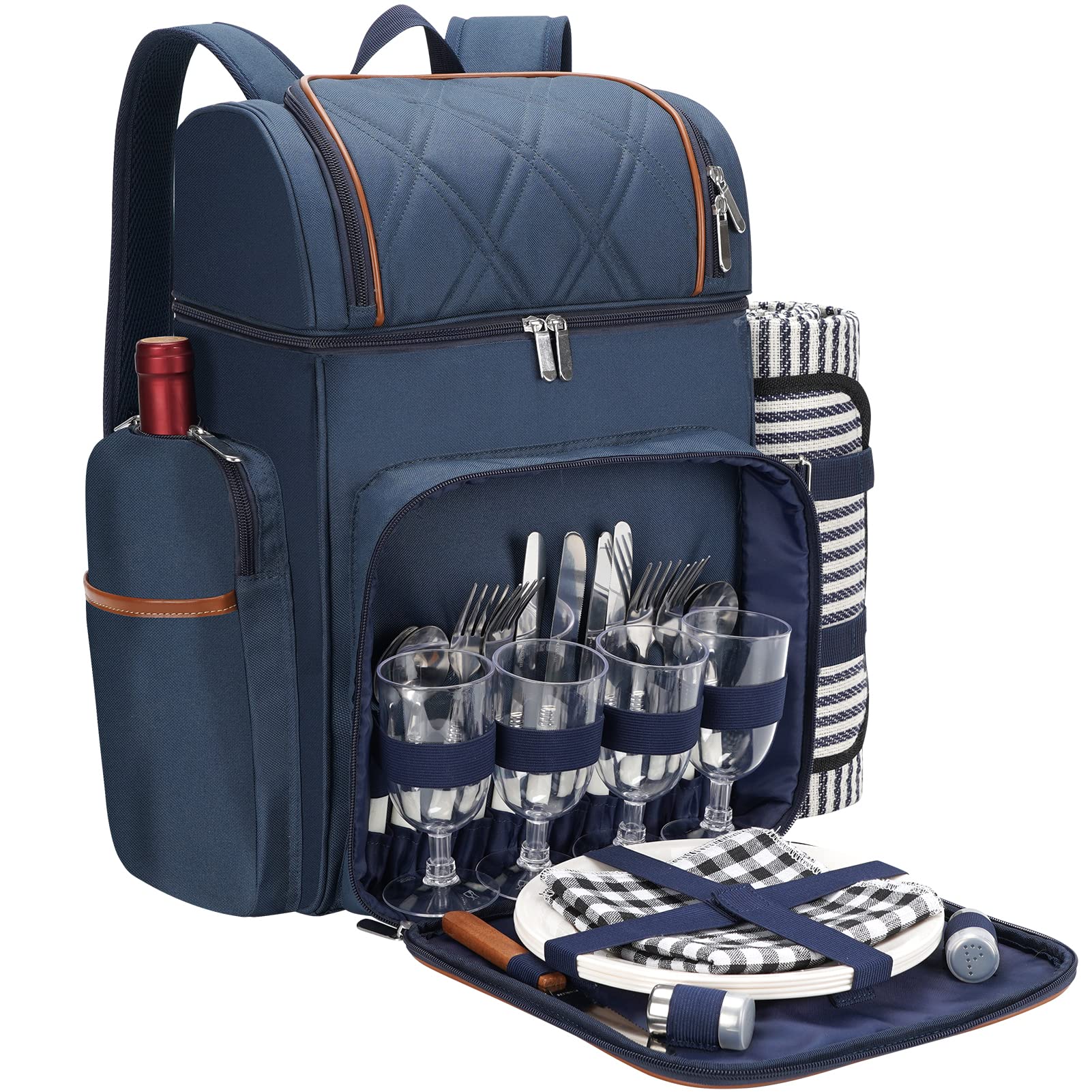 Picnic Backpack for 4, Insulated Cooler Bag with Blanket, Navy Blue