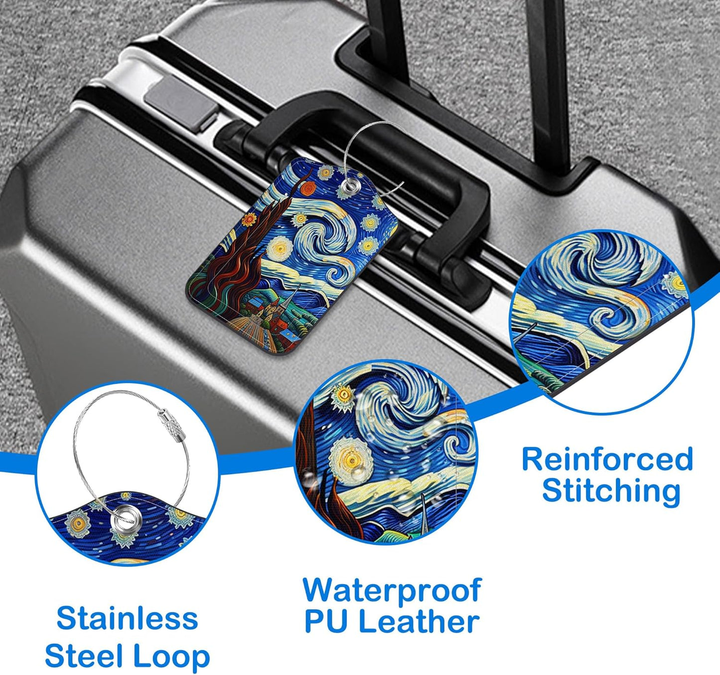 2 Pcs Luggage Tags for Suitcases, Starry Night Leather Bag Tags for Luggage Privacy Cover Name ID Label with Stainless Steel Loop Cruise Airport Travel Essentials
