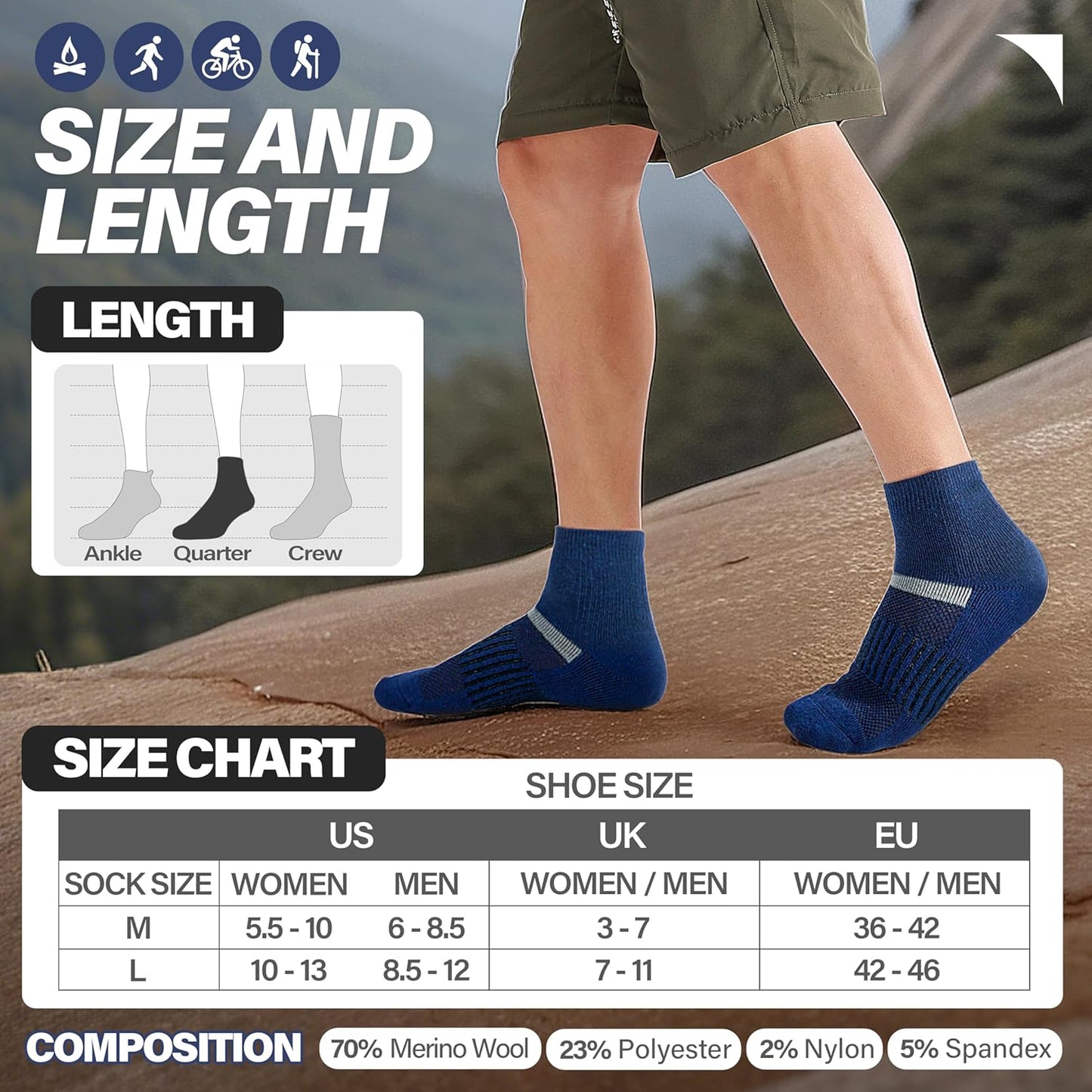 6 Pairs Merino Wool Ankle Running Hiking Socks Compression Support Breathable Thick Cushion No Show