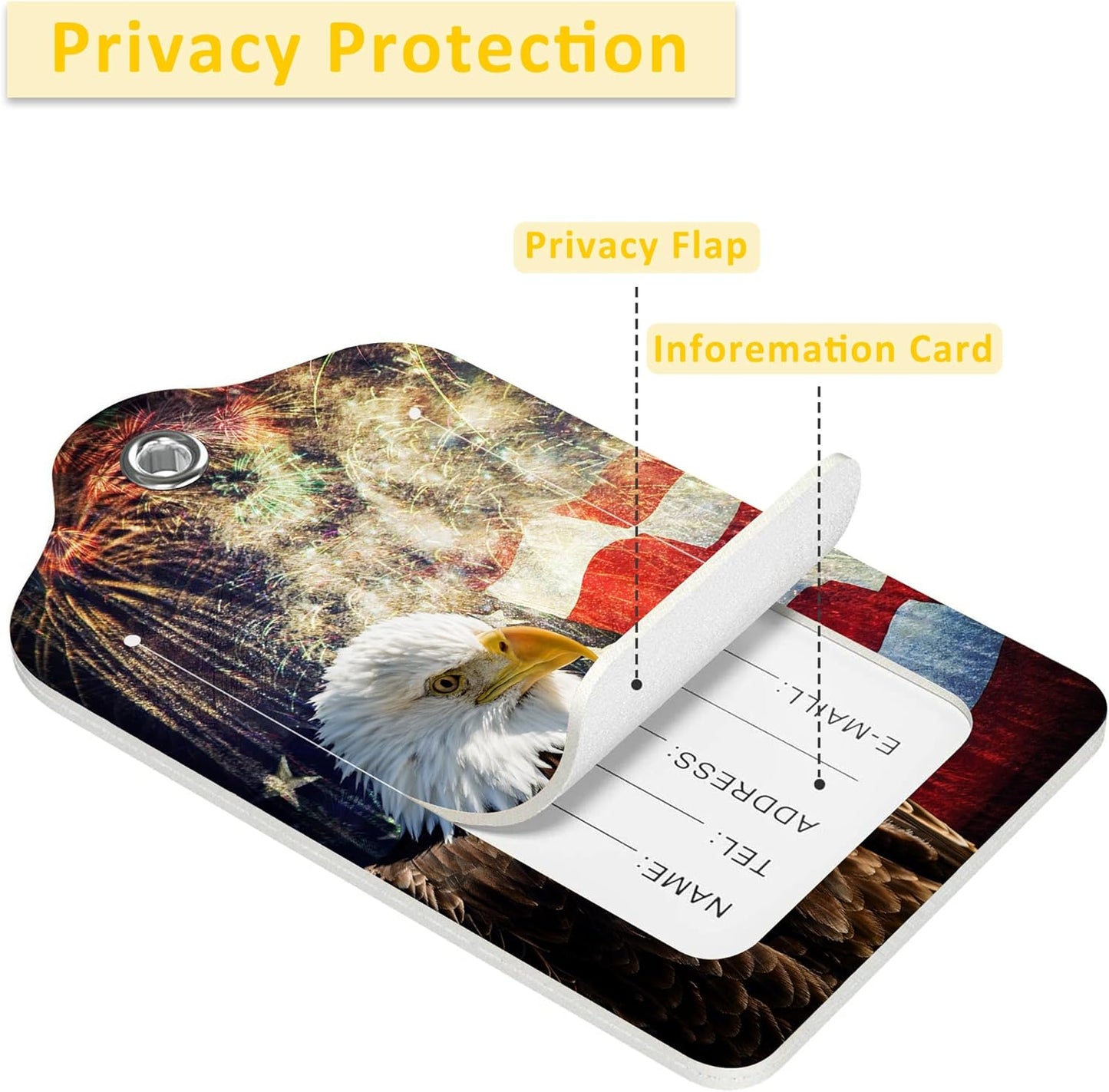 2 Pack Luggage Tags for Suitcases,Bald Eagle with USA Flag Luggage Tag,PU Leather Id Label Luggage Tags with Stainless Steel Loop and Privacy Cover for Women Men Teens Travel