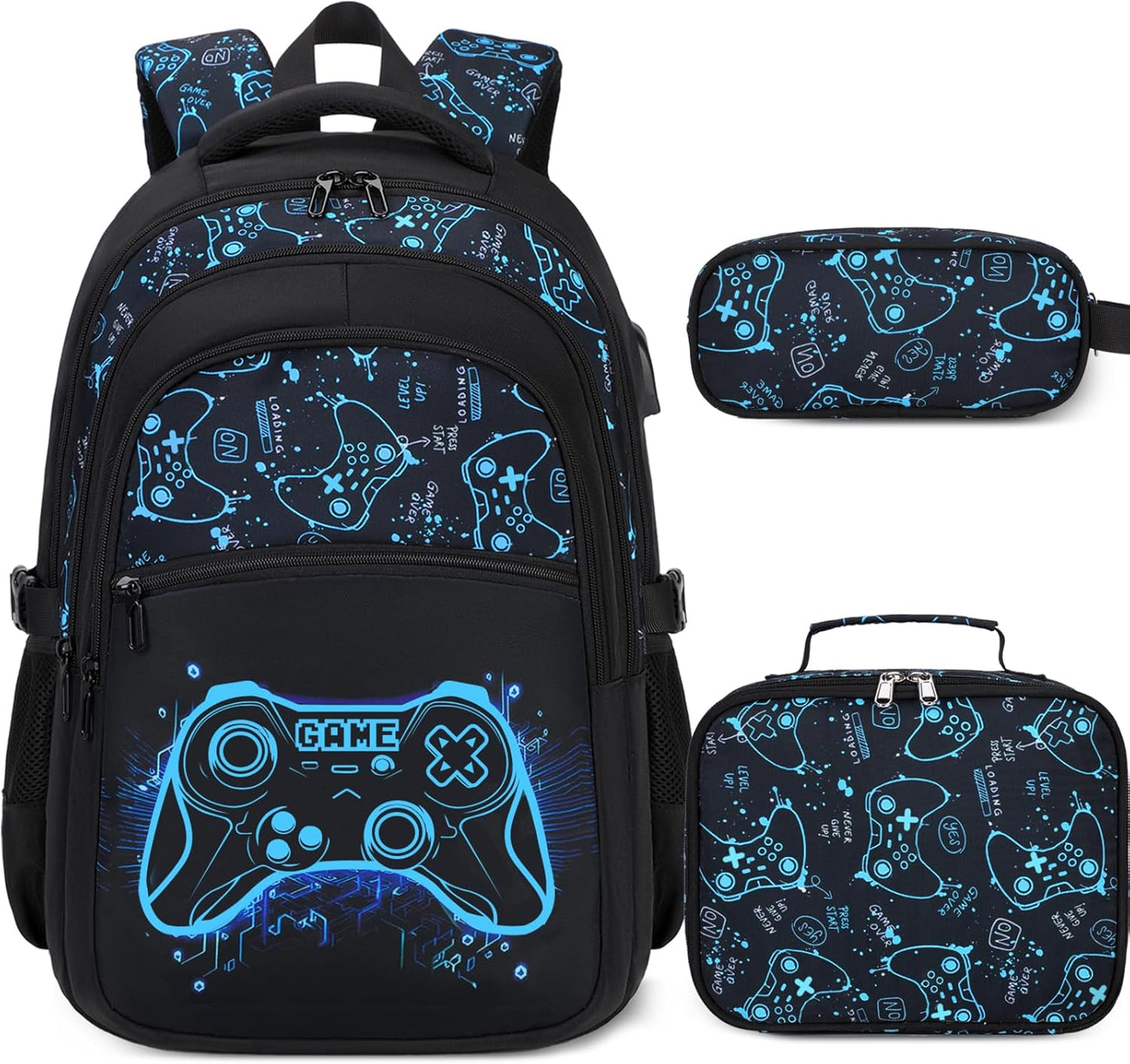 Boys Backpack for School, 3PCS Cool Luminous Gamer Backpack for Boys with Lunch Box Pencil Case, Kids Backpacks Bookbag for Teen Boy Elementary Middle High School with USB Charging Port