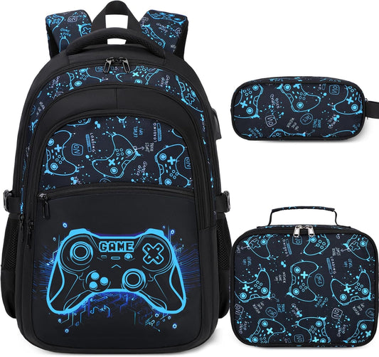 Boys Backpack for School, 3PCS Cool Luminous Gamer Backpack for Boys with Lunch Box Pencil Case, Kids Backpacks Bookbag for Teen Boy Elementary Middle High School with USB Charging Port