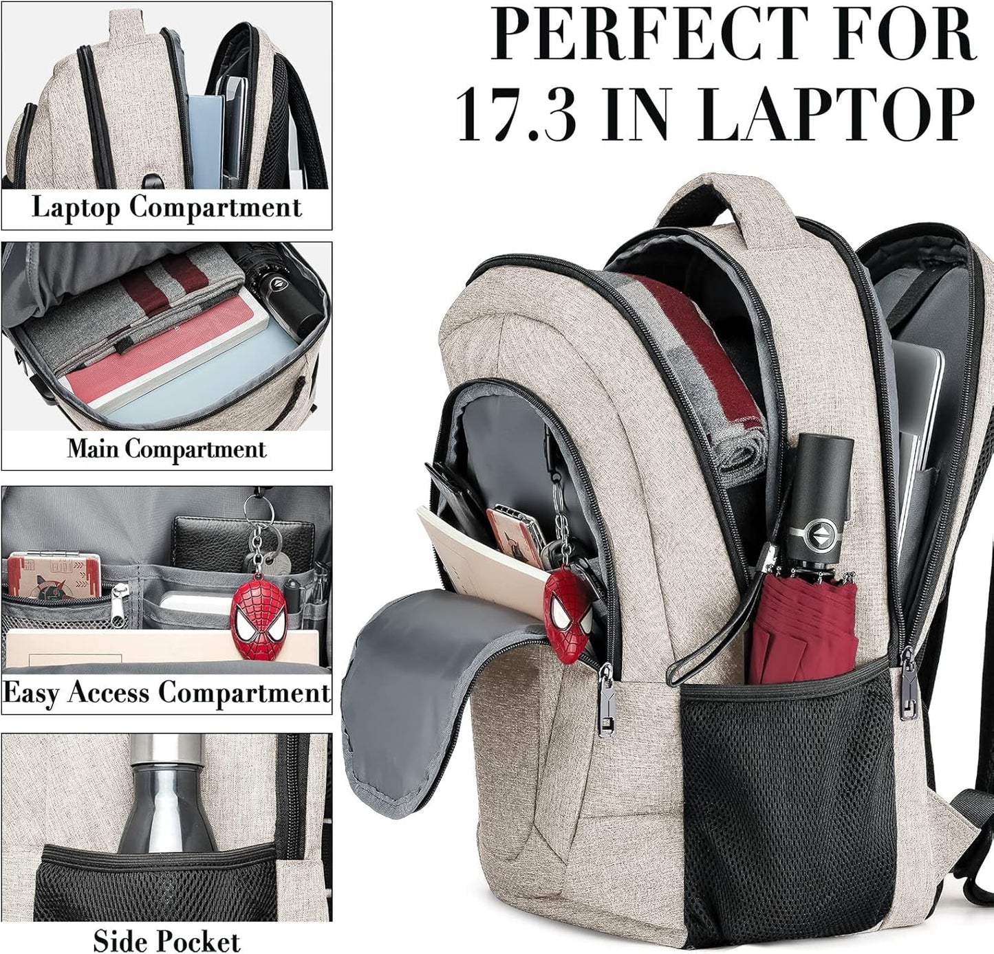 BIKROD Backpack for Women and Men, Extra Large School Backpacks for Teens, Water Resistant Back Pack with USB Charging Port Fits 17 Inch Laptop, Business Anti Theft Sturdy Computer Bag Gifts, Beige
