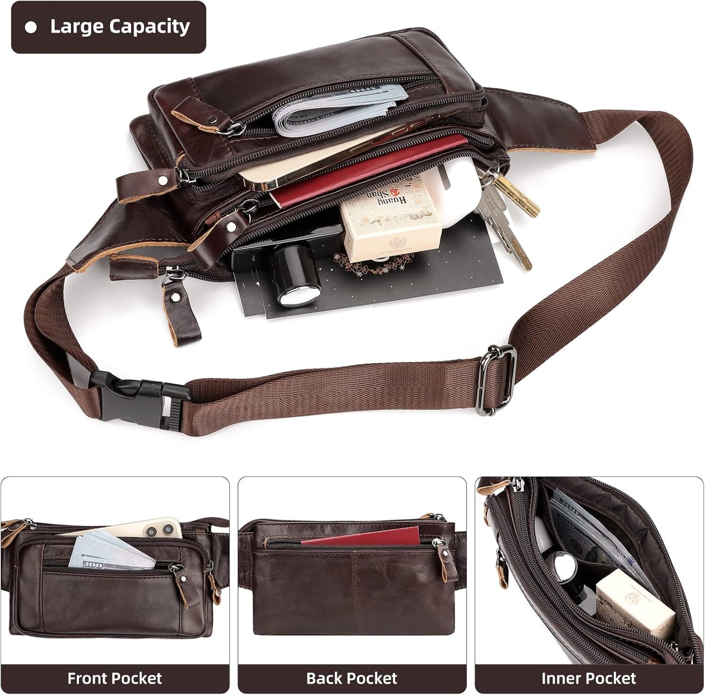 Leather Fanny Pack for Men Women, Fashion Waist Packs Small Crossbody Chest Bag with Adjustable Belt for Outdoor Travel Hiking Cycling