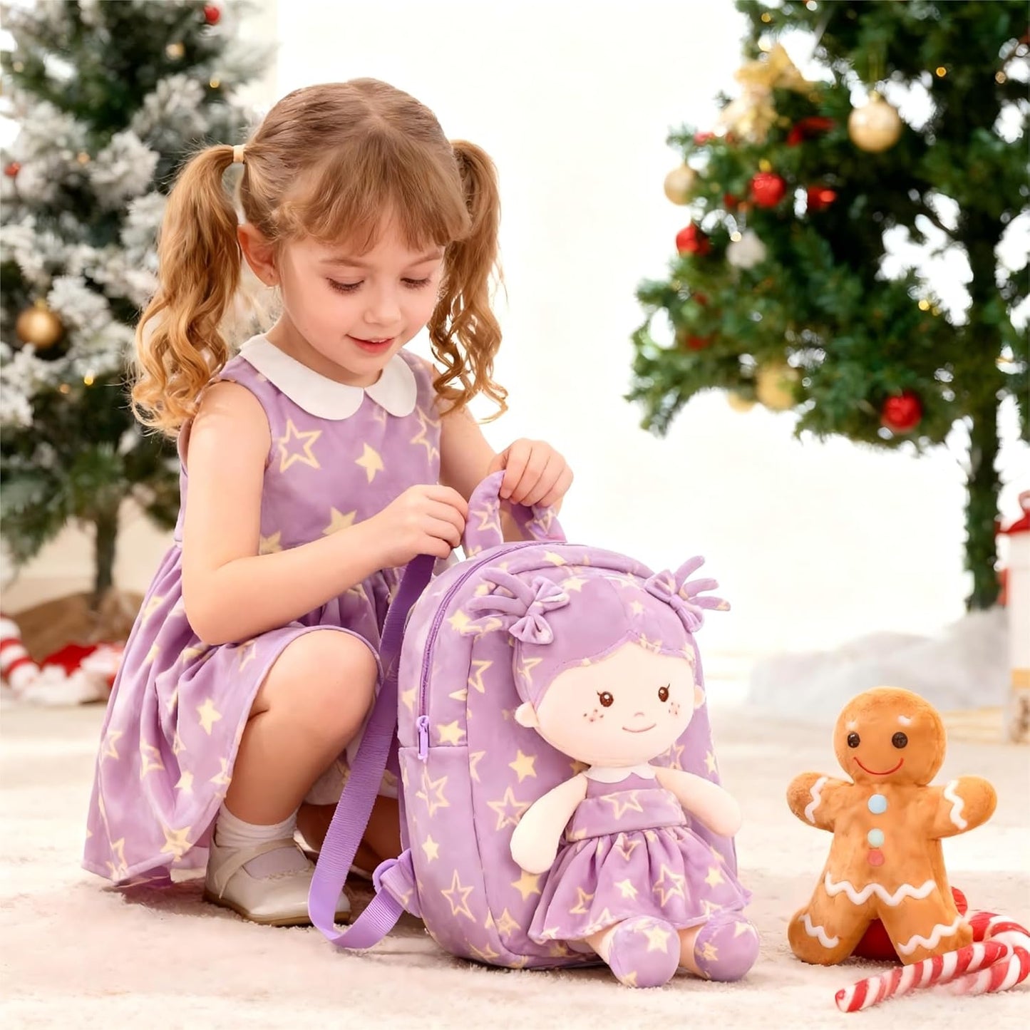 Onetoo Toddler Backpacks Back to School Gifts for Girls Kids Backpack with Soft Tanned Baby Dolls in Purple Star Dress 9"