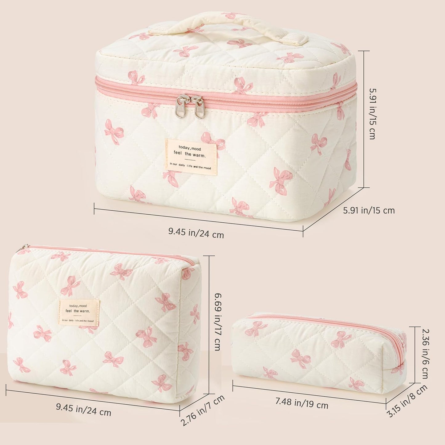 HBselect Quilted Makeup Bag, 3PCS Cotton Large Travel Makeup Bag, Cute Floral Coquette Make up Bag Cosmetic Bag Toiletry Bag for Women Girls