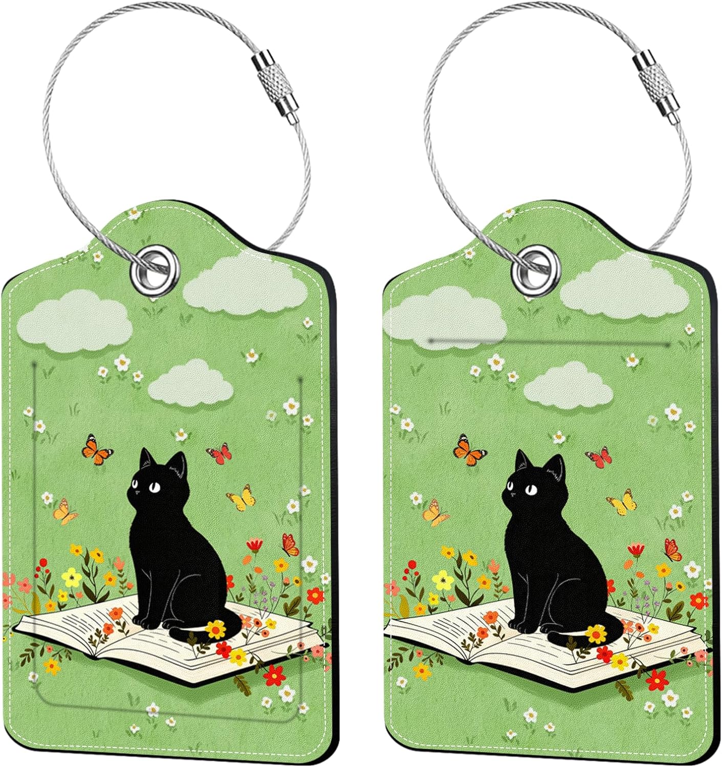 2 Pcs Cat with Book Luggage Tags for Suitcase, Leather Luggage Tags Cute, Privacy Cover ID Label with Stainless Steel Loop & Address Card, Black Cat Travel Bag Tag Luggage Accessories for Suitcases