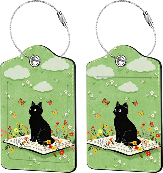 2 Pcs Cat with Book Luggage Tags for Suitcase, Leather Luggage Tags Cute, Privacy Cover ID Label with Stainless Steel Loop & Address Card, Black Cat Travel Bag Tag Luggage Accessories for Suitcases