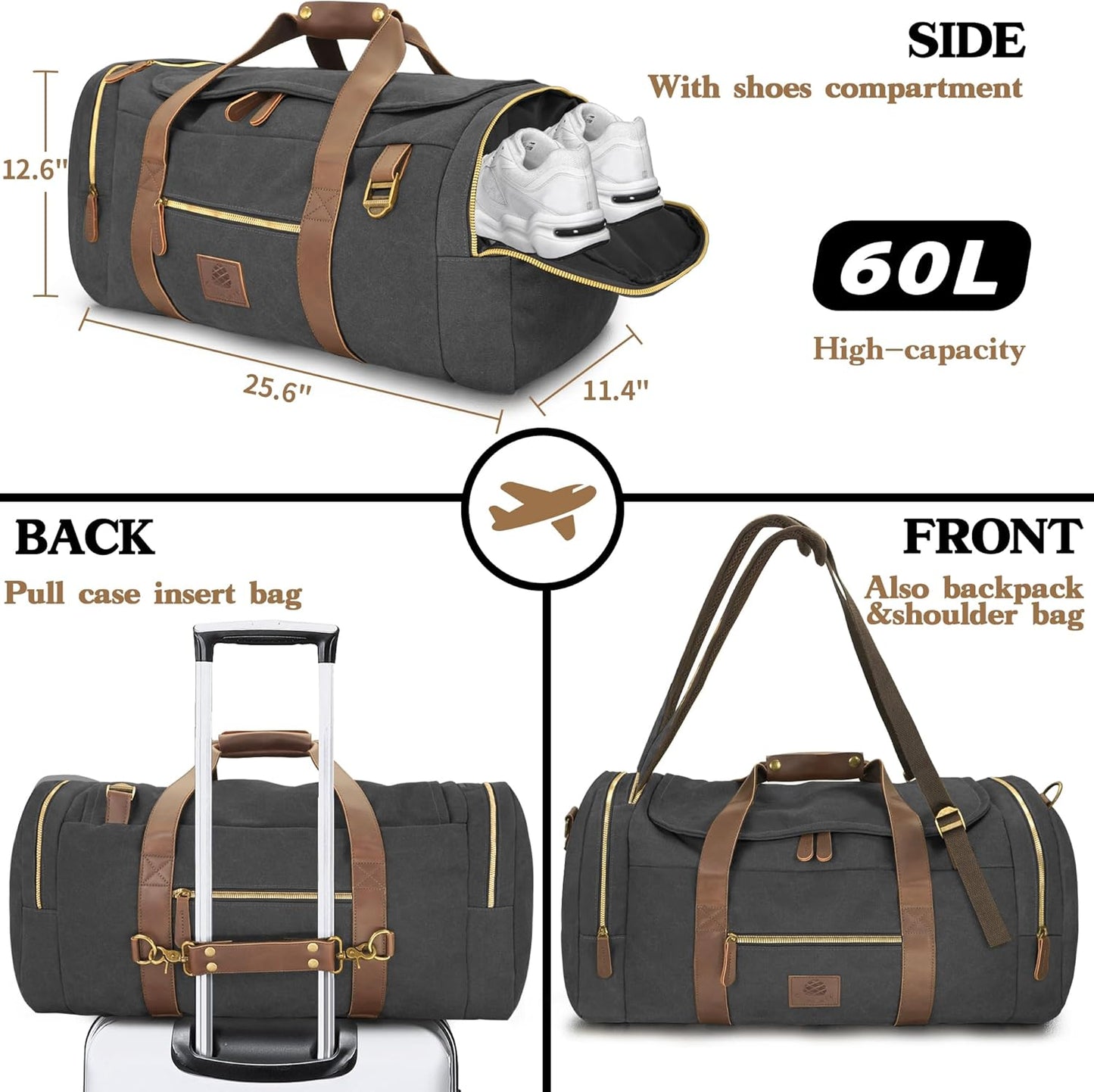 60L Travel Bags for Men, Nomad Canvas Duffle Bag Vintage Genuine Leather Travel Duffel Bag Multifunctional Weekender Overnight Backpack with Shoes Compartment (Black, X Large-60L)