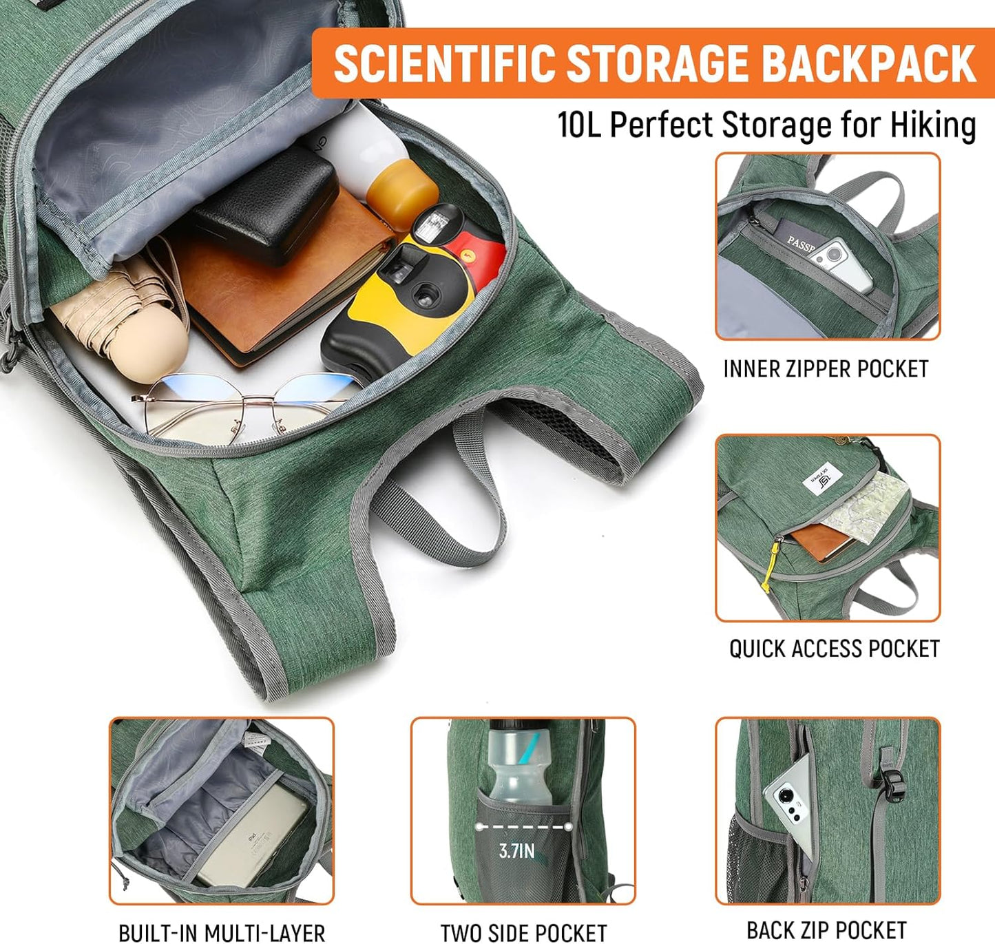 SKYSPER 10L Hiking Backpack, Foldable & Packable Lightweight Daypack for Travel, Collapsible Small Compact Hiking Backpack for Women & Men, Green