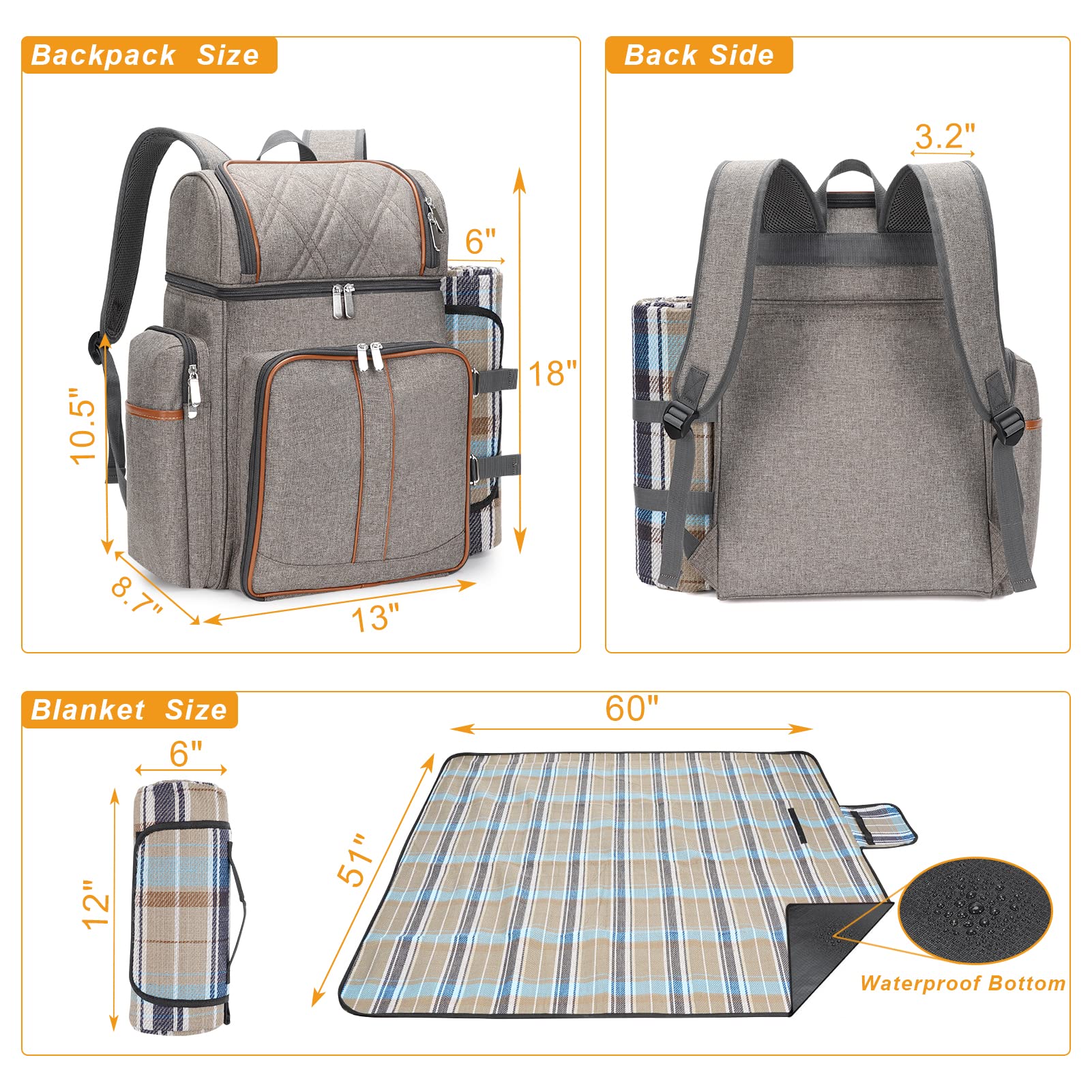 Picnic Backpack for 4, Insulated Cooler Bag with Blanket, BrushedKhaki