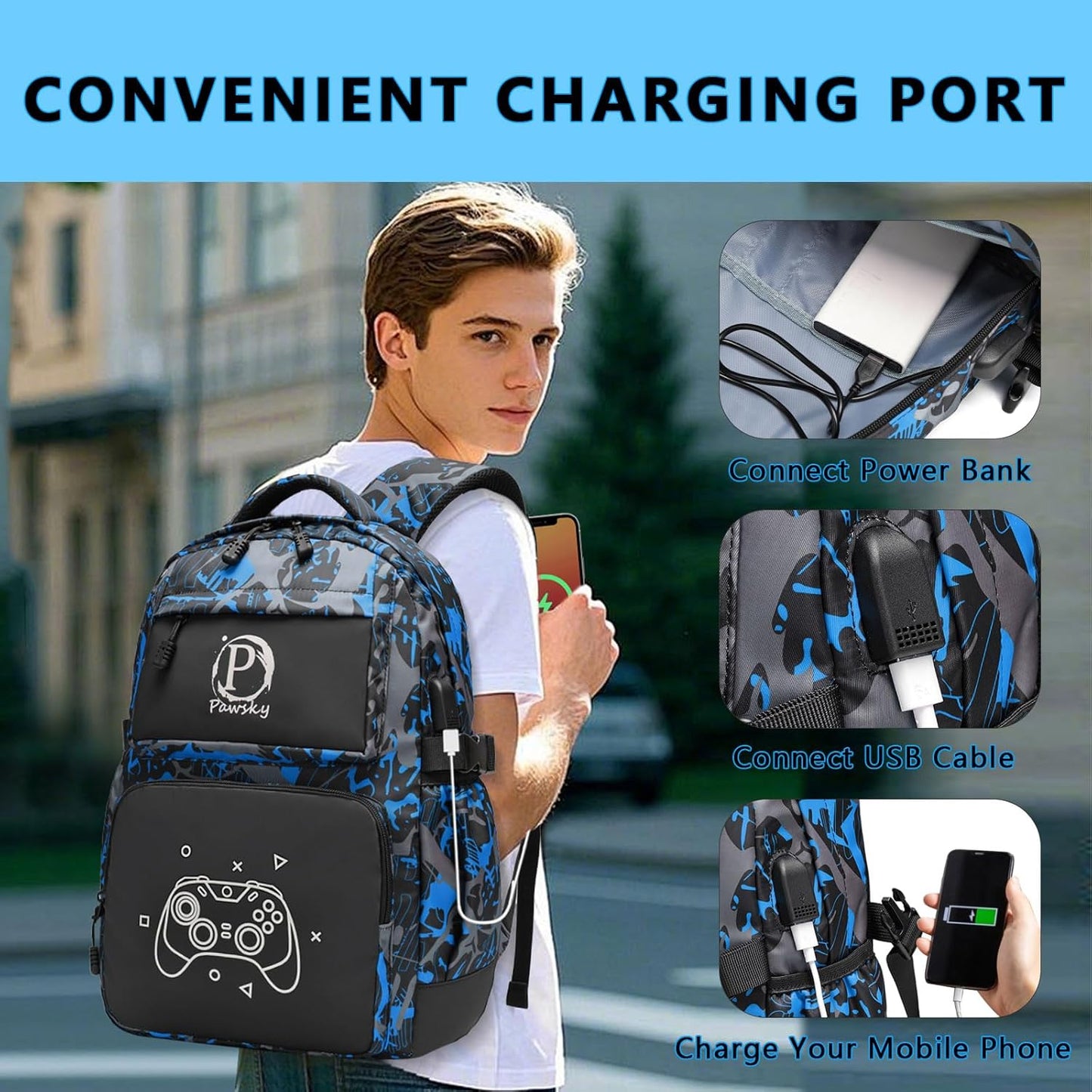 Anime Luminous Backpack School Backpack with USB Charging Port for Teen Boys, College School Bookbag Lightweight Laptop Bag with Sling Bag Set, Blue