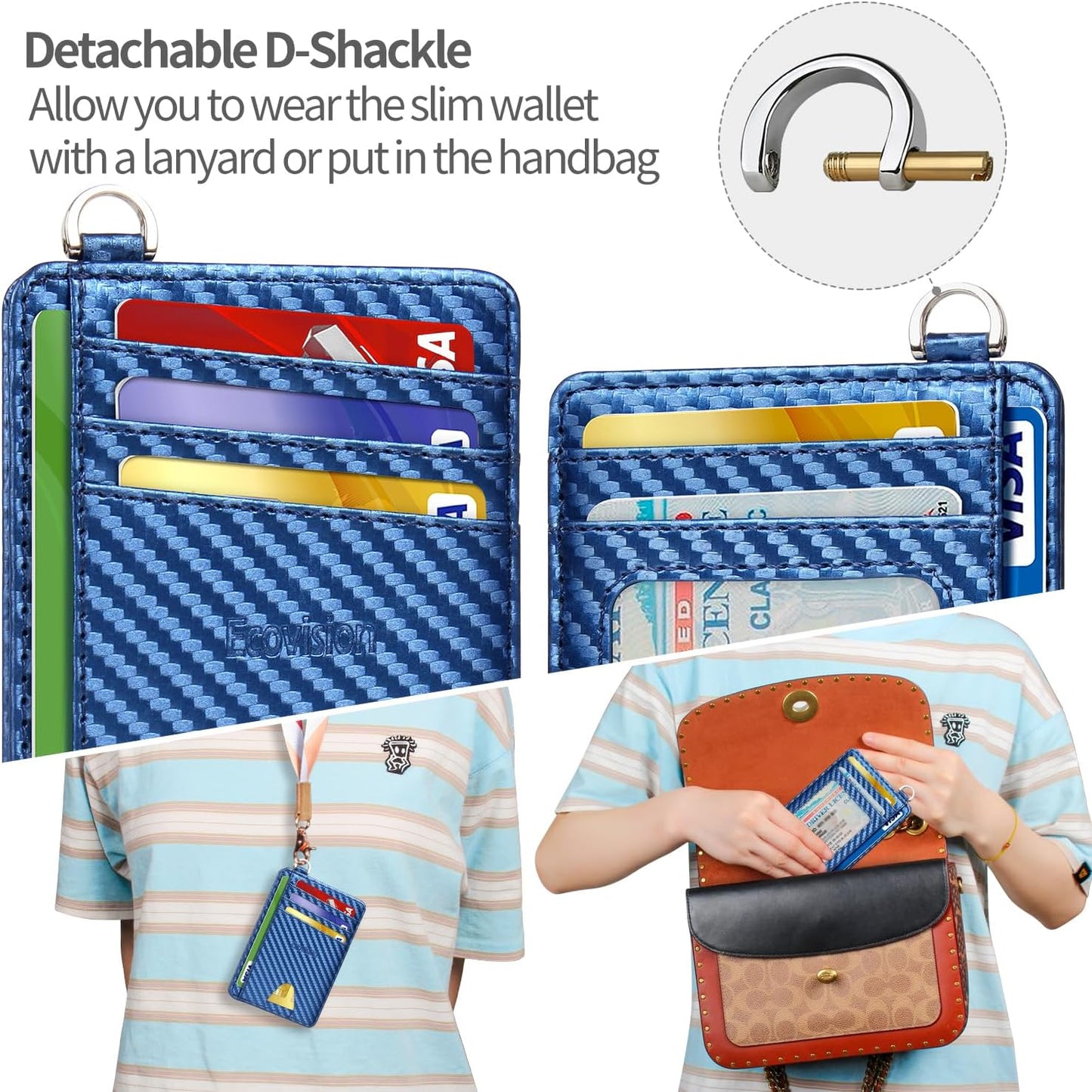 EcoVision Slim Minimalist Front Pocket Wallet, RFID Blocking Credit Card Holder Wallet with Detachable D-Shackle for Men Women