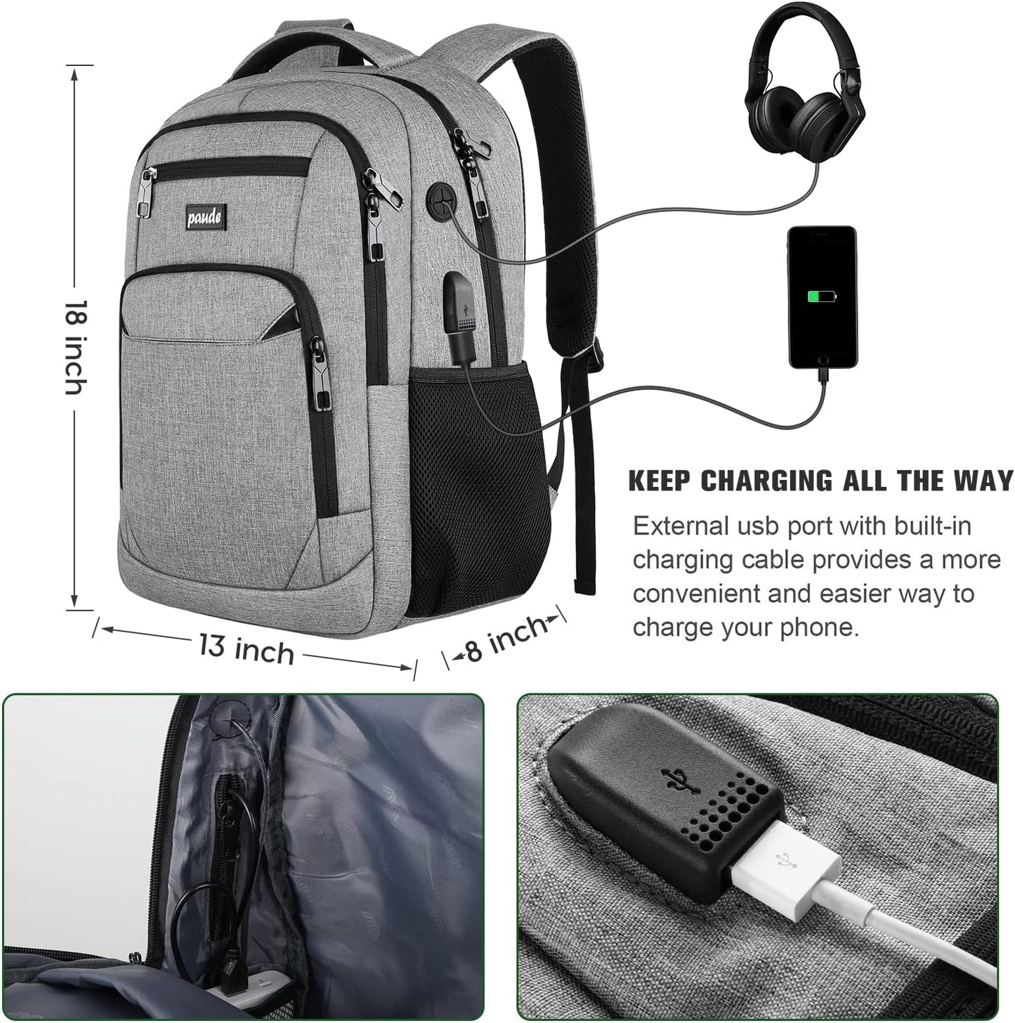 Paude Backpack for School, Laptop, Bookbag for Teen Boys - 15.6 Inch College Backpack for University, Business, Work, Travel