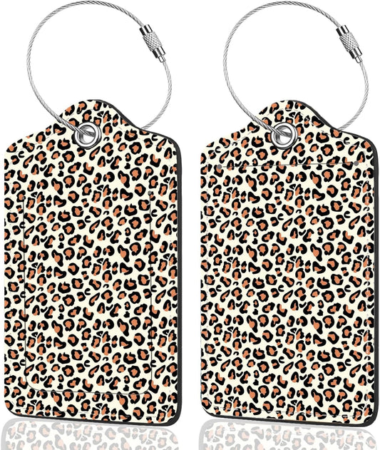 2Pack Luggage Tags for Suitcases, Cute Unique Pu Leather Cruise Luggage Tag with Privacy Cover ID Label Address Card and Metal Ring Suitable for Women Men Kids Travel Bag Leopard Print