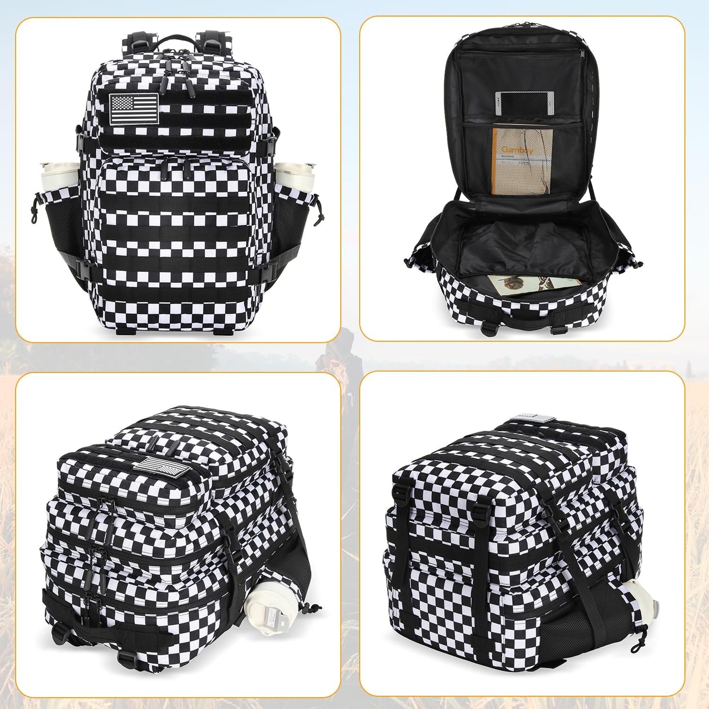 25L Tactical Military Backpack Small Travel Rucksack for Men and Women Assault Pack Bug Out Bag Molle Daypack Gym Backpack with Bottle Holder (Black White Checkered)
