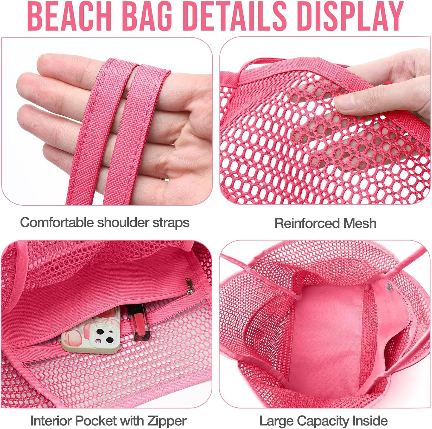 KPX Beach Bag with Mini Pocket, Beach Tote Bags for Women Large Foldable Mesh Swimming Pool Travel Bags - Sandproof