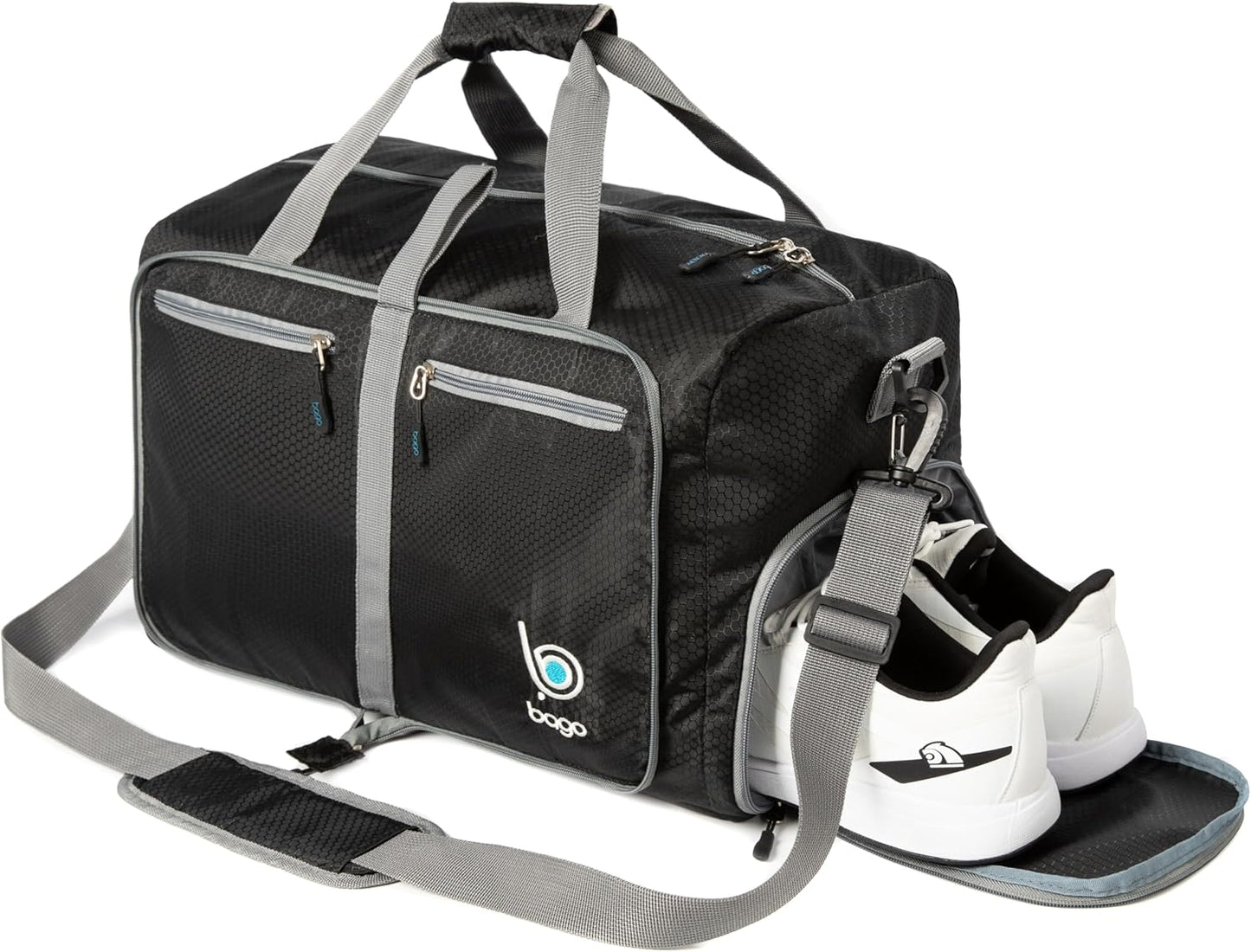 Bago Foldable Duffel Bags for Traveling Women & Men - 40L Sports Packable Duffle Bag for Travel with Shoe Compartment - Water Repellant, Heavy Duty, Lightweight Folding & Collapsible (Black)