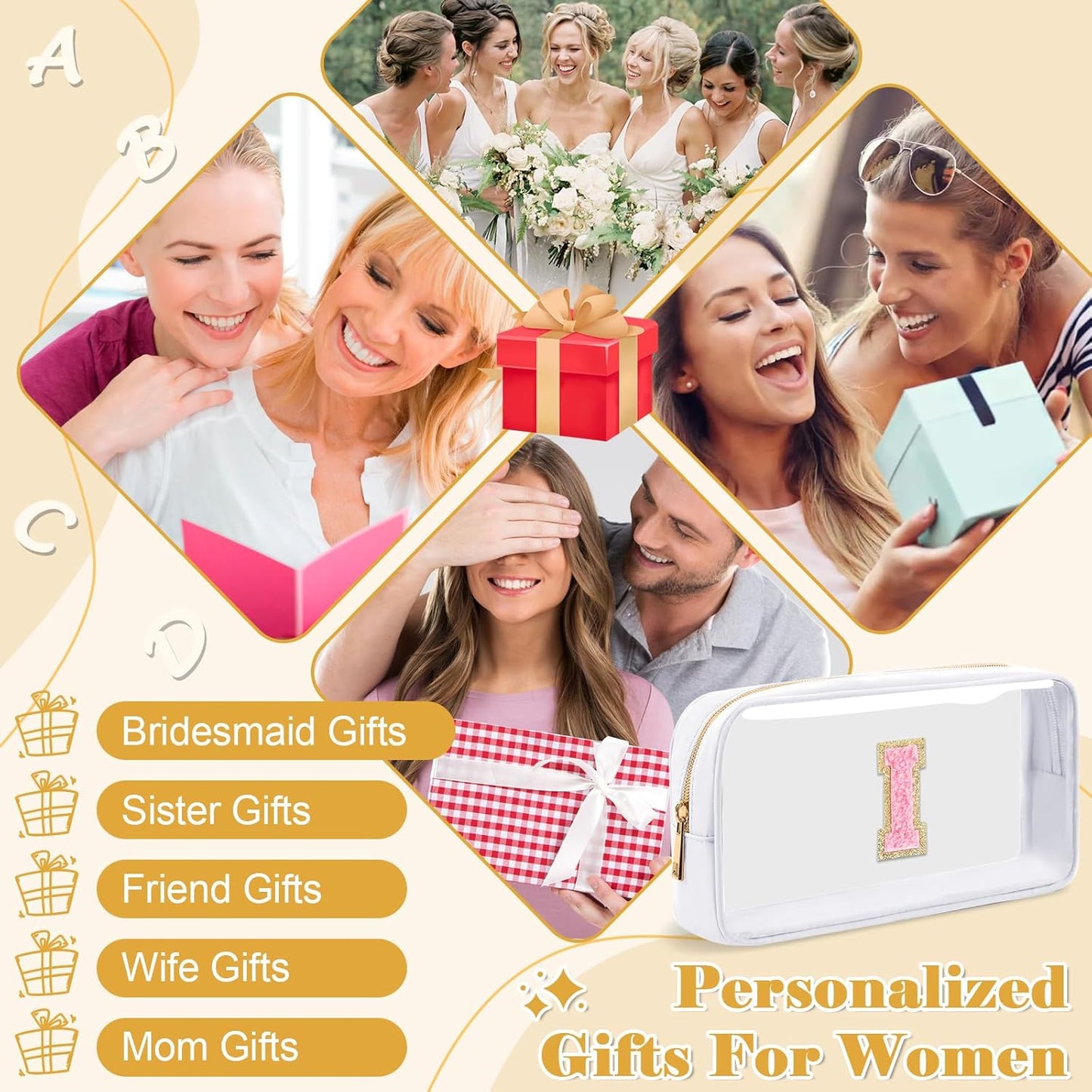 Personalized Initial Letter Clear Makeup Bag,Preppy Small Nylon&PVC Cosmetic Zipper Bag with Chenille Letter,Travel Skincare Toiletry Bag,Monogram Christmas Gift for Teen Girls Women,I
