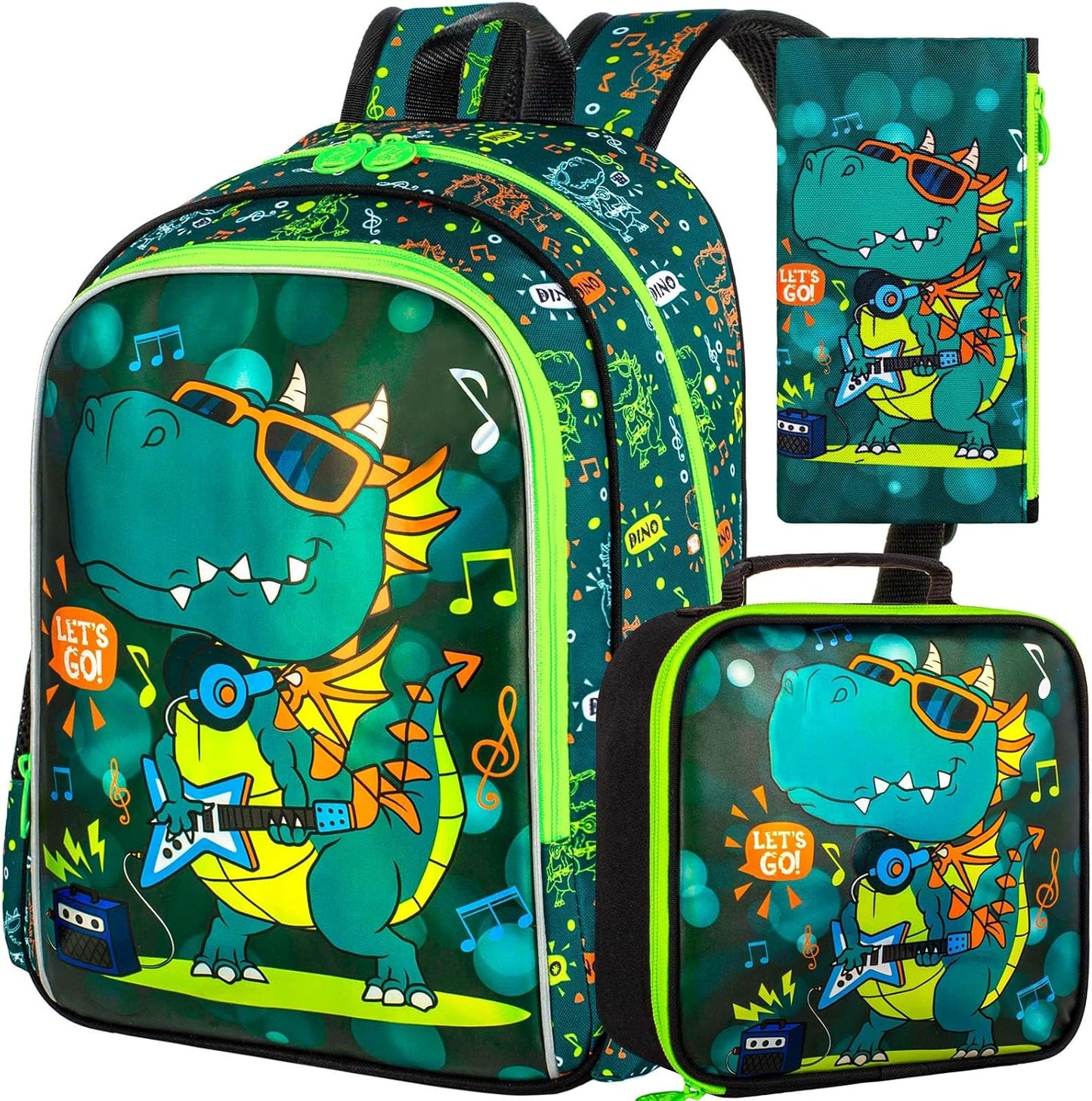 Boys Backpack, 16" Dinosaur Kids Bookbag with Lunch Box, 3Pcs Dino School Backpacks for Elementary