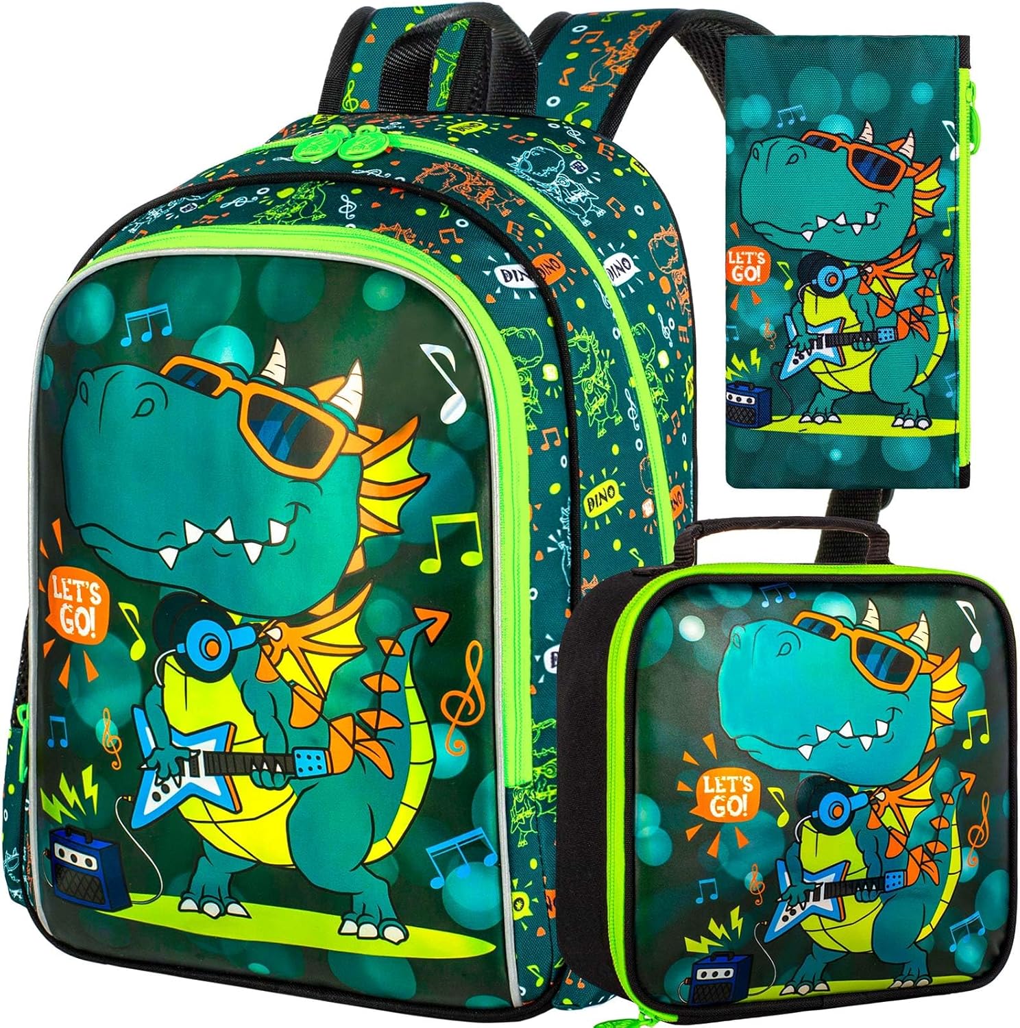 Boys Backpack, 16" Dinosaur Kids Bookbag with Lunch Box, 3Pcs Dino School Backpacks for Elementary