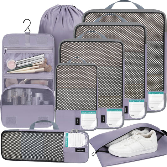 BAGAIL 4 Set/6 Set/8 Set Compression Packing Cubes Travel Accessories Expandable Packing Organizers(HalfMesh,8-Dusty Purple)