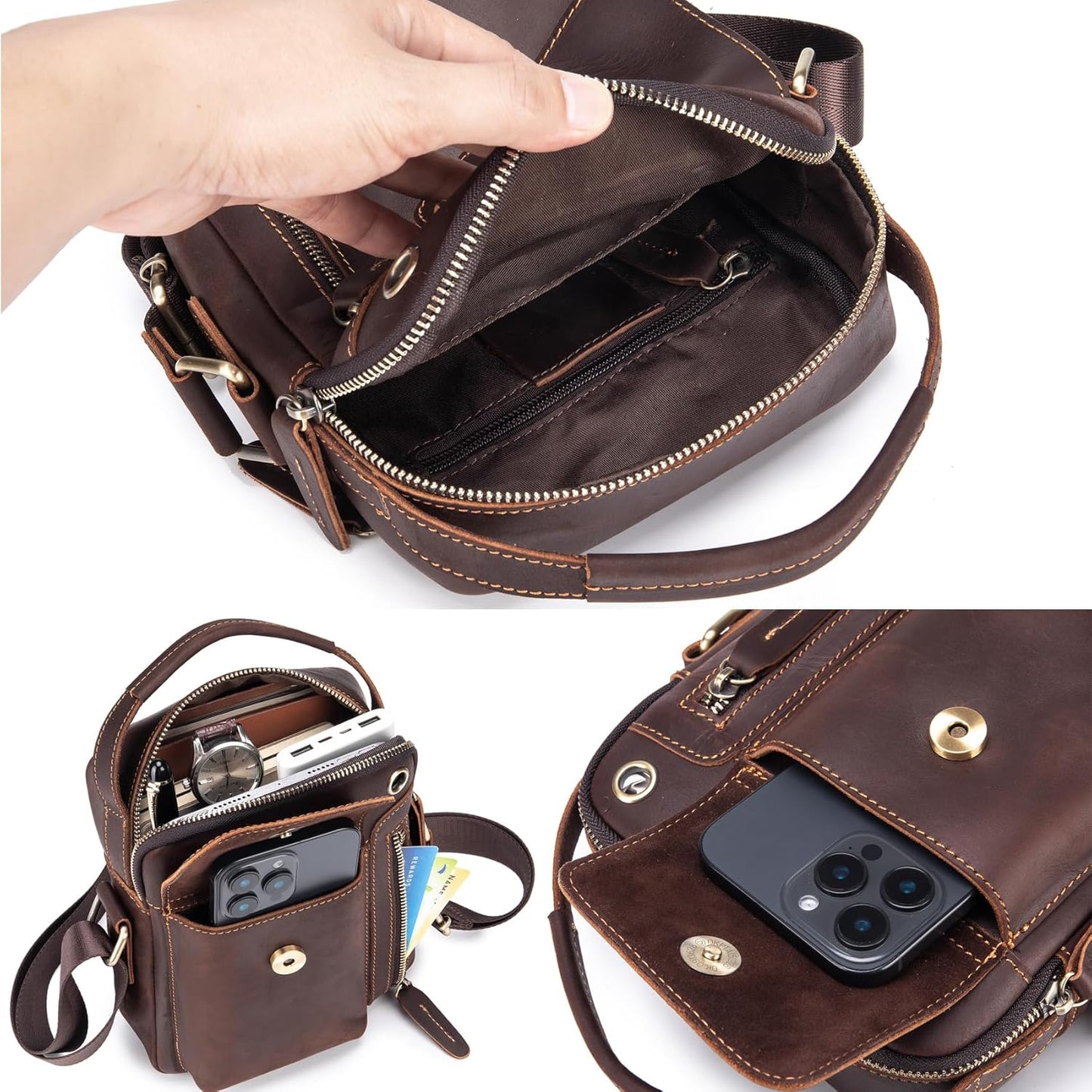 KPYWZER Genuine Leather Shoulder Bag Small Men Messenger Pack Handbag Sling Crossbody Bag Man Purse for Business