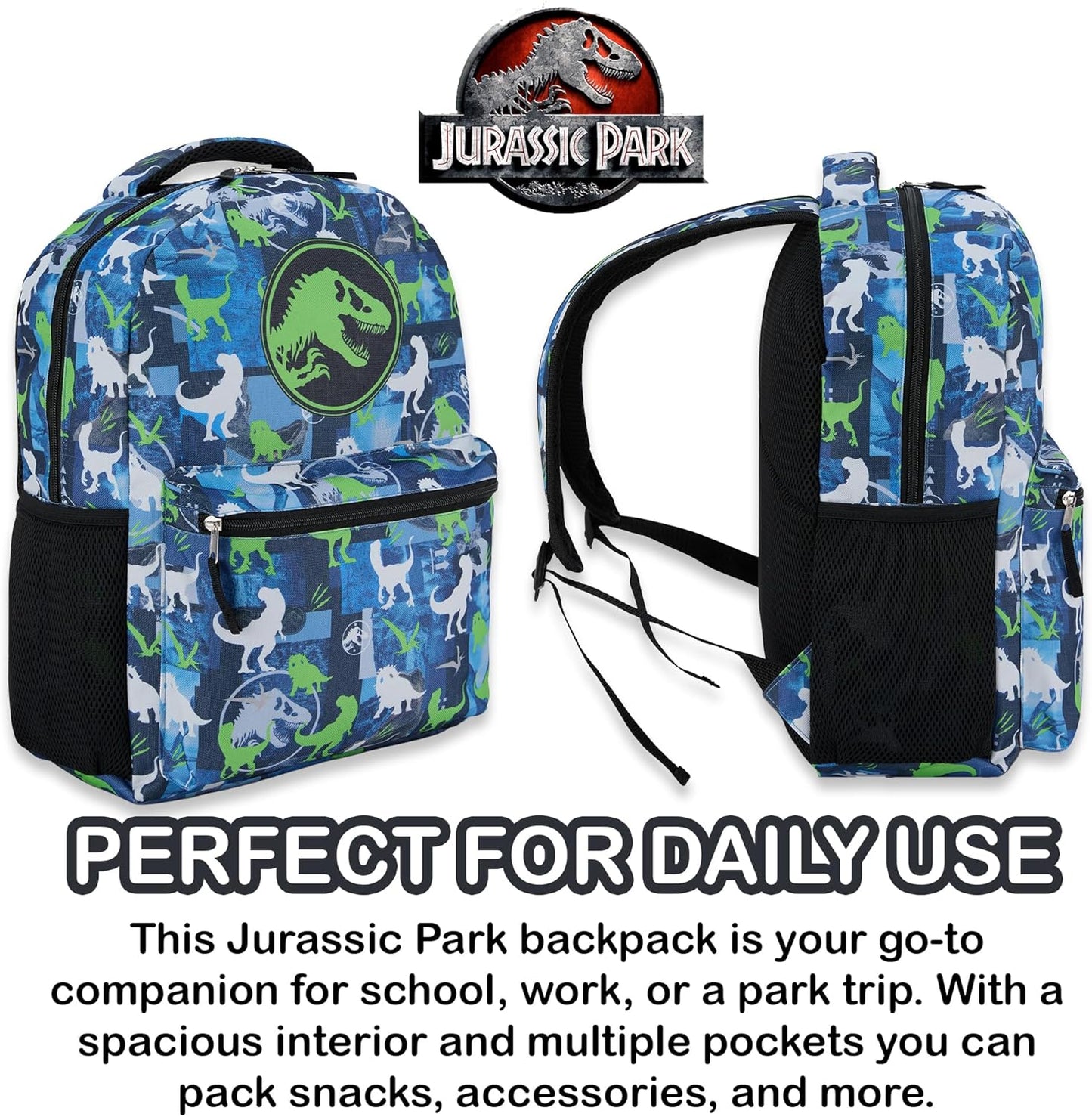 Jurassic World Nylon Allover Print Backpack - Adventure Awaits with Tyrannosaurus Rex, Velociraptor, and Triceratops on this Exciting and Vibrant Adult and Kids School Bag (Blue)