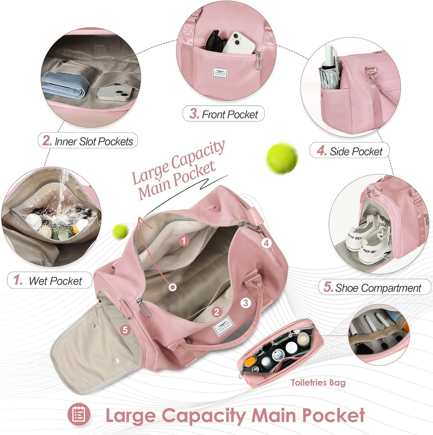 FIORETTO Womens Gym Tote Duffle Bag with Toiletry Bag, Sports Duffel Overnight Hospital Workout