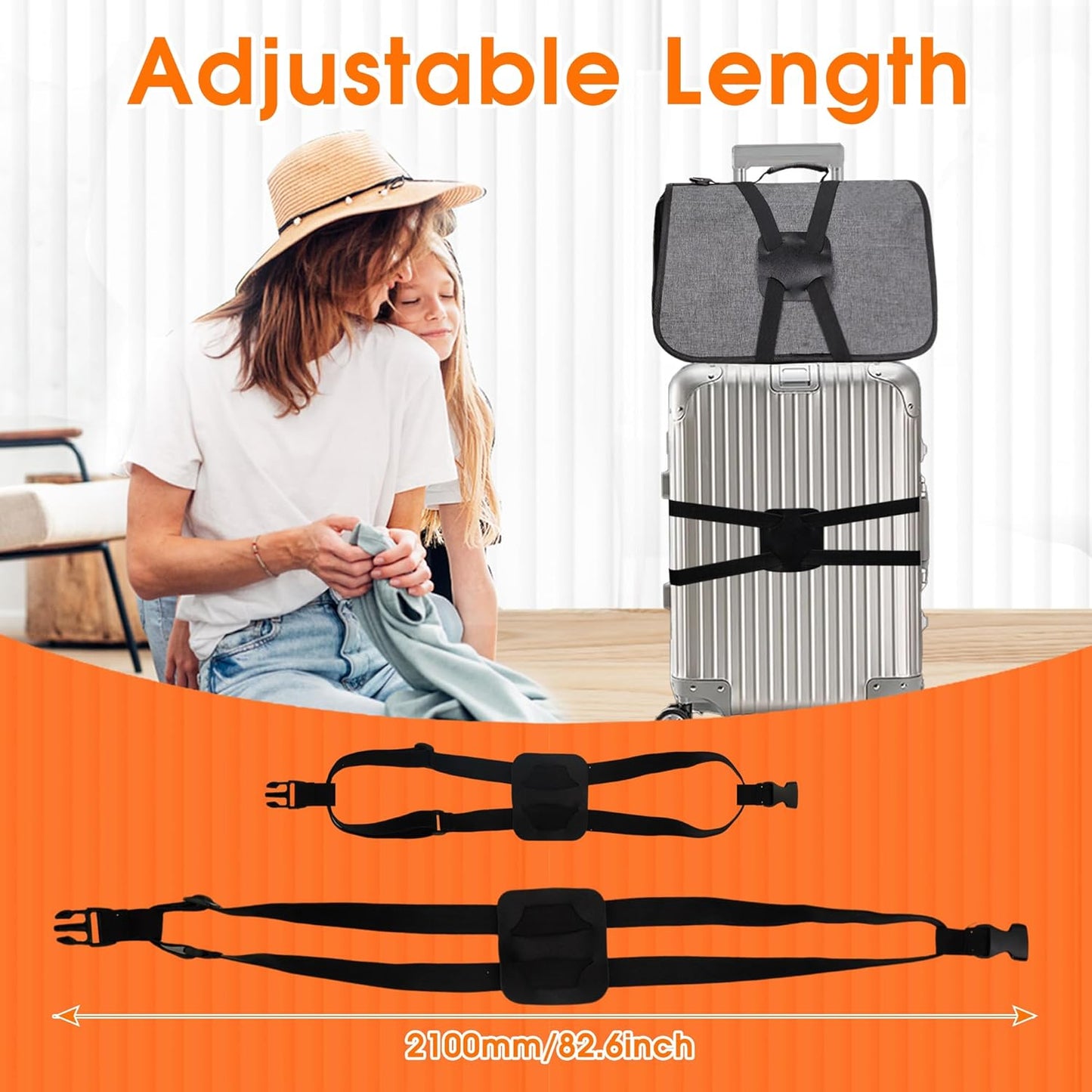 Elastic Luggage Strap with Hooks, The Perfect Travel Must-Have Suitcases Companion, Ultimate Luggage Straps for Suitcases,Travel Must-Have for All Adventurers, Stretchable Luggage Straps(1Black)