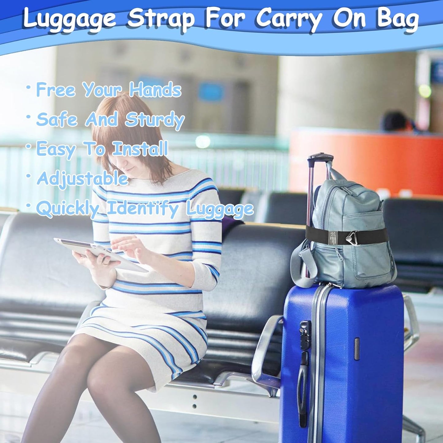 Luggage Straps Travel Belt for Luggage, Add a Bag Luggage Strap for Backpack, 2-in-1 Suitcase Belts Adjustable Elastic Airport Travel Accessories for Women & Men