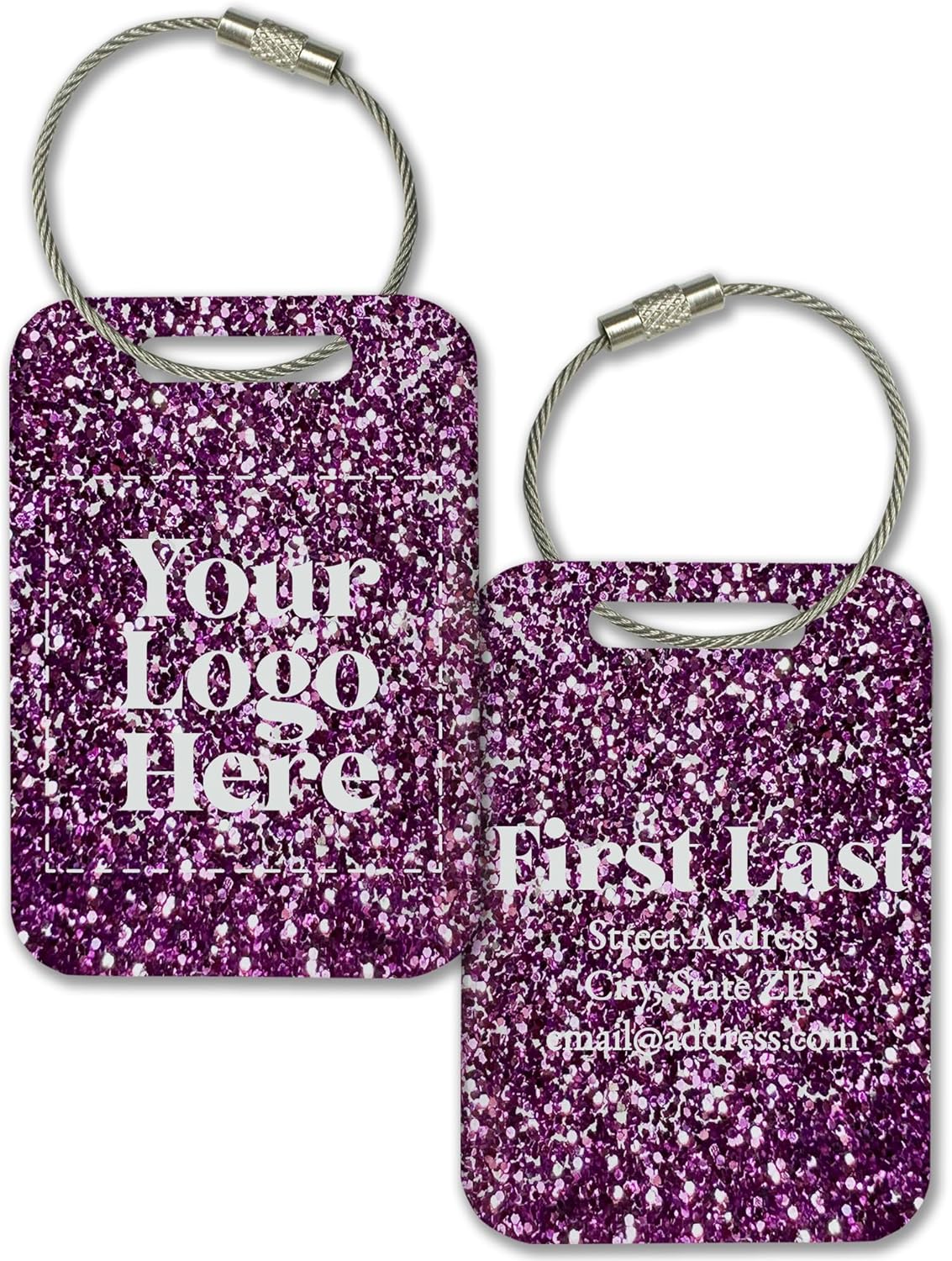 Personalized Logo Name Tag for Luggage (3 or 6 Count Pack) | Custom Tag for Suitcase | Acrylic Name Tag for Travel | Choose Your Font & Color | Backpack ID Label (Logo, Purple Glitter)