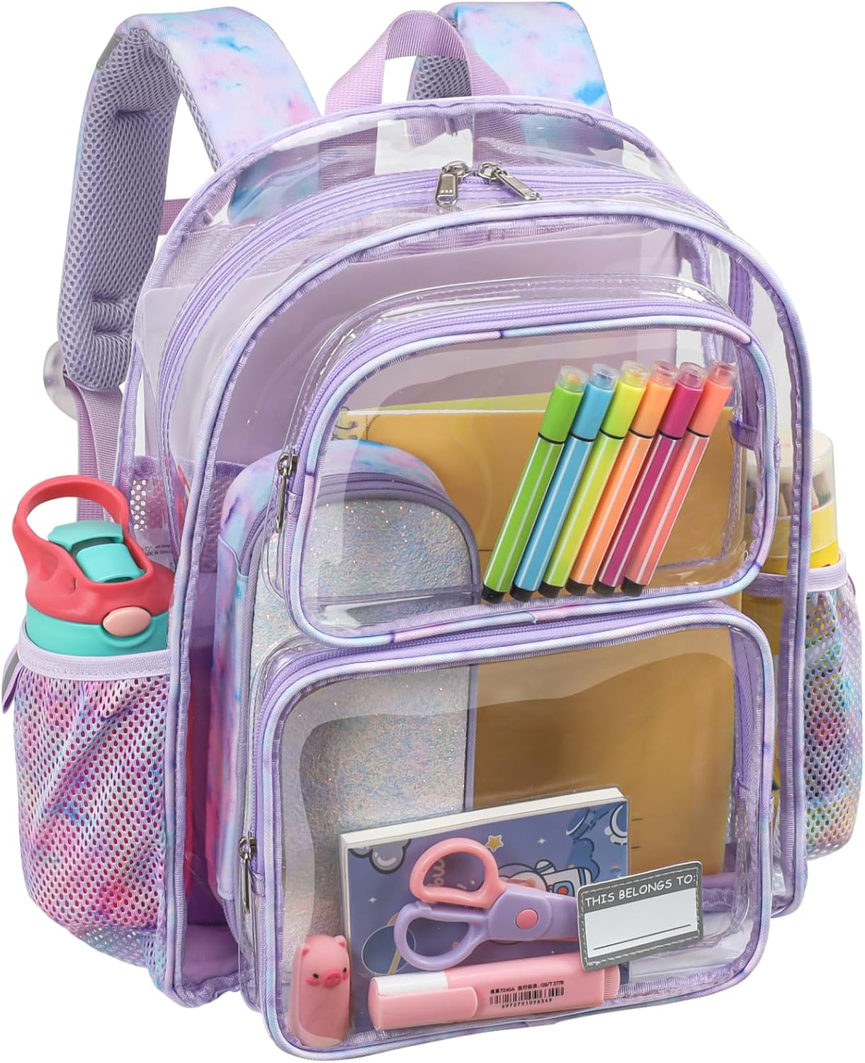 Bagseri Clear Backpack for Girls - 15 Inch Clear Bookbag for Kids Aged 3 to 8 Heavy Duty Transparent Backpack for School, Cute See Through Bag with Reflective Strip, Purple Tie-dye