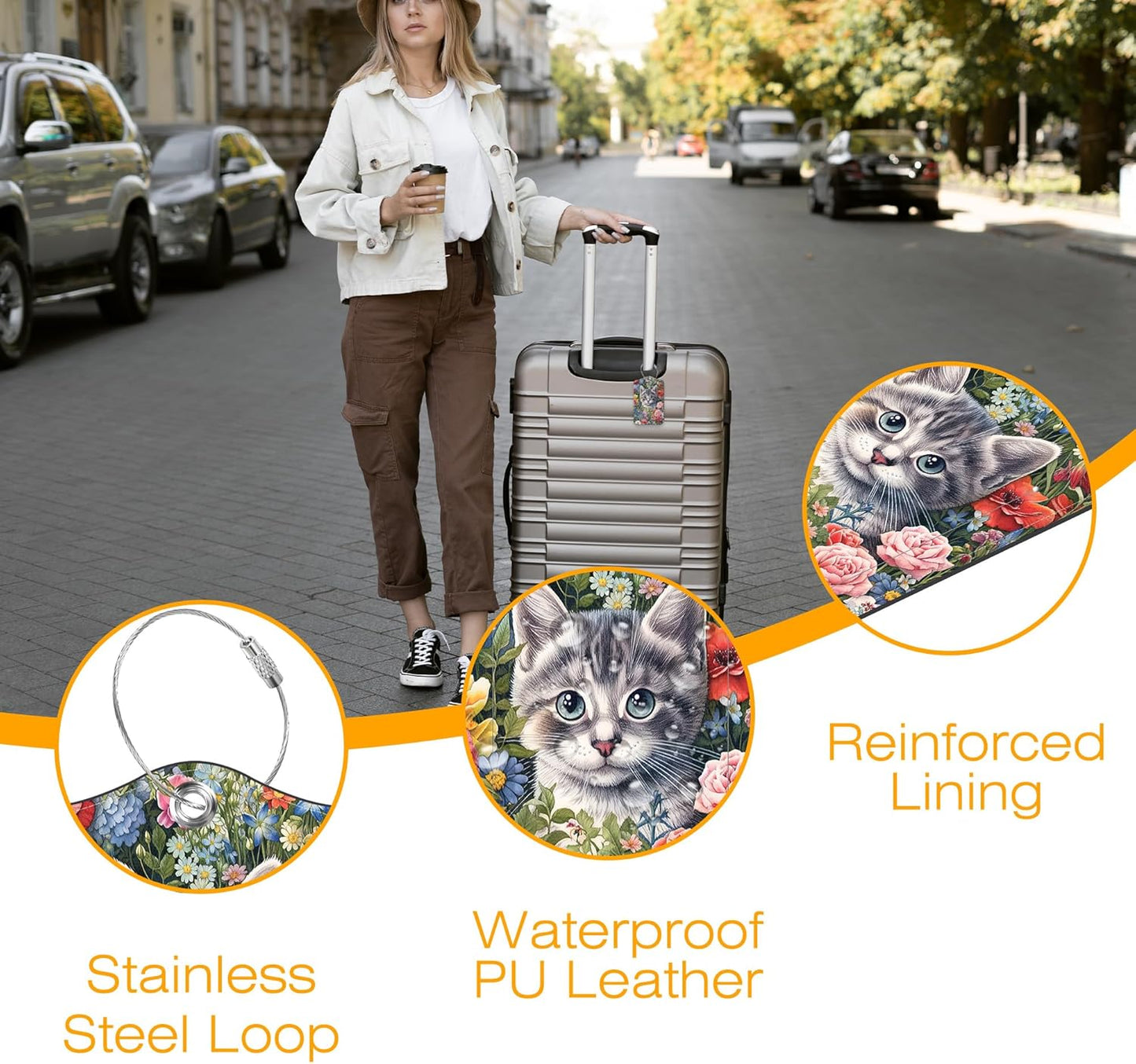 Cute Kitten Luggage Tag for Suitcase 3 Pack Cat and Flower Leather Luggage Tag with Privacy Flap Name ID Label and Metal Loop for Women Men Travel