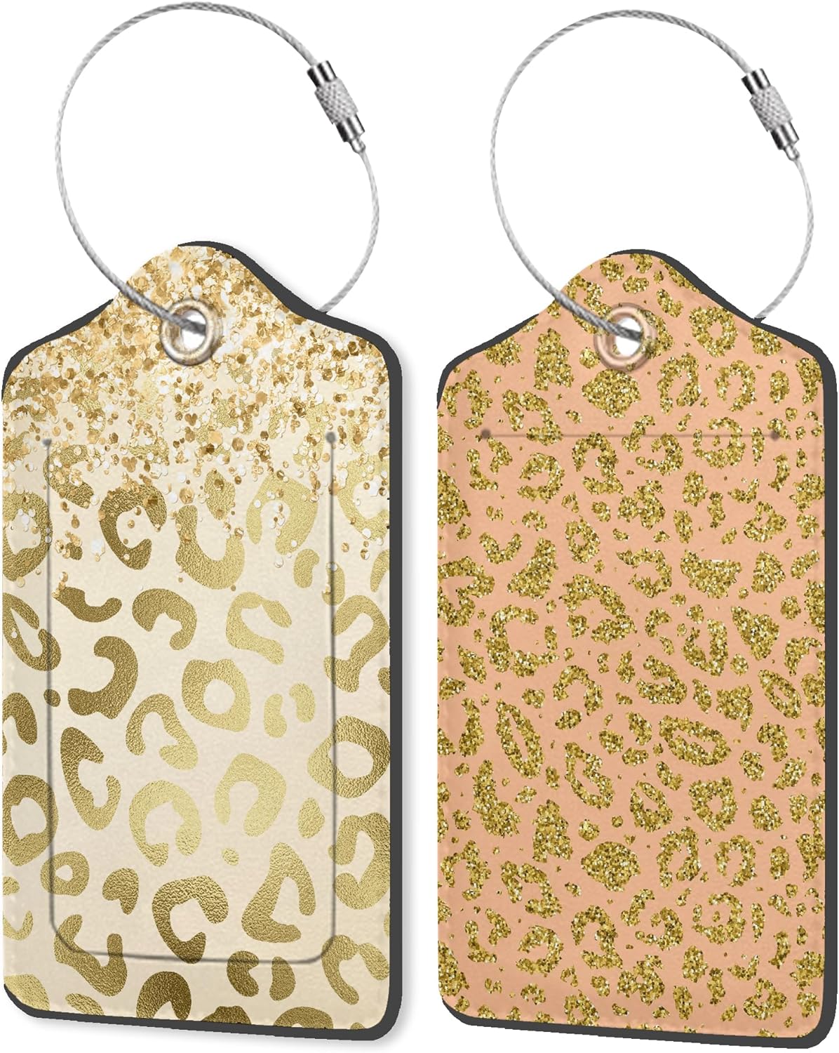 Golden Leopard Print 2 Pack PU Leather Luggage Tags with Stainless Steel Loop, Funny Travel Labels