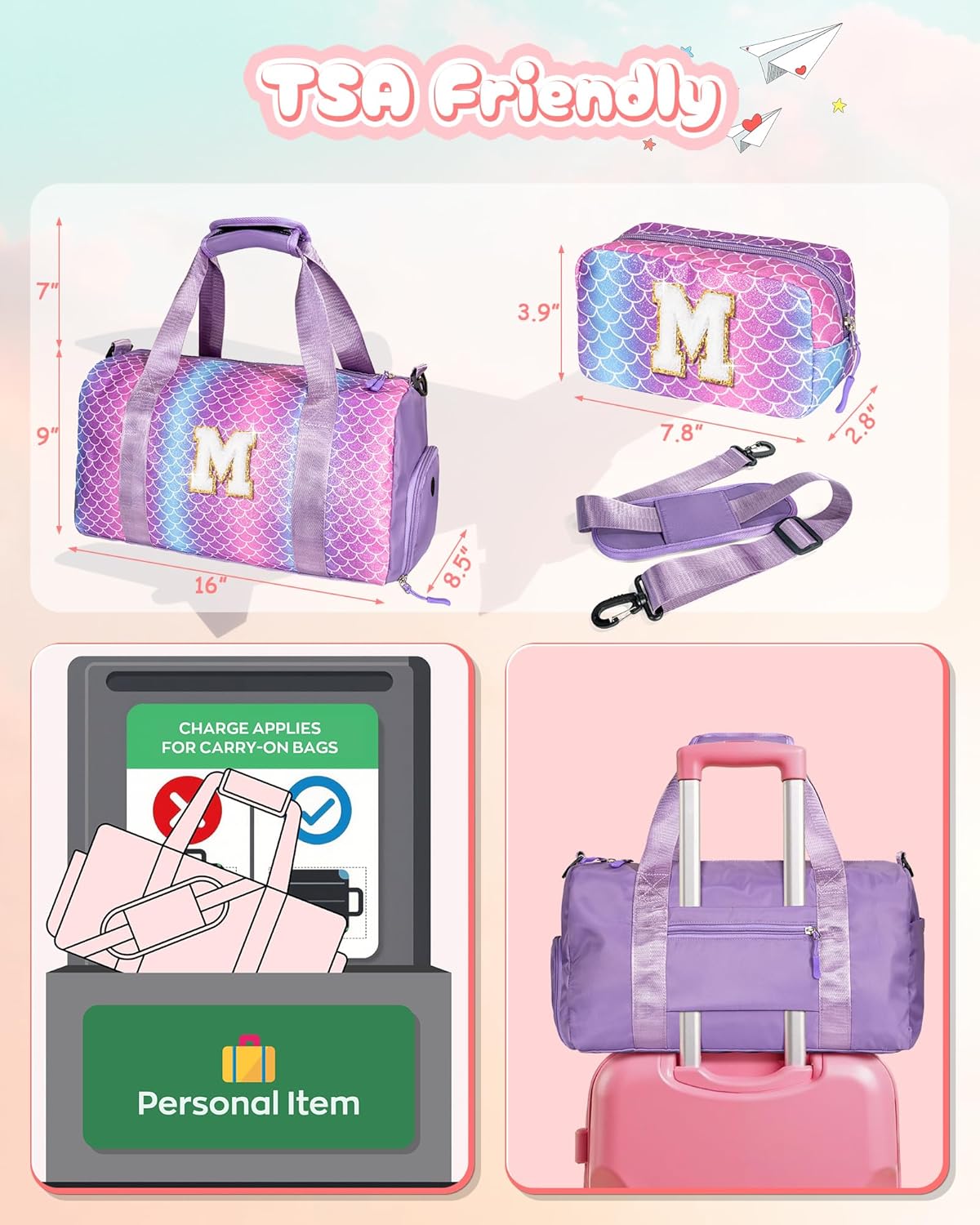 Travel Stuff for Kids-Girl Gym Bag with Shoe Compartment, Kid Weekender Dance Bags, Initial Travel