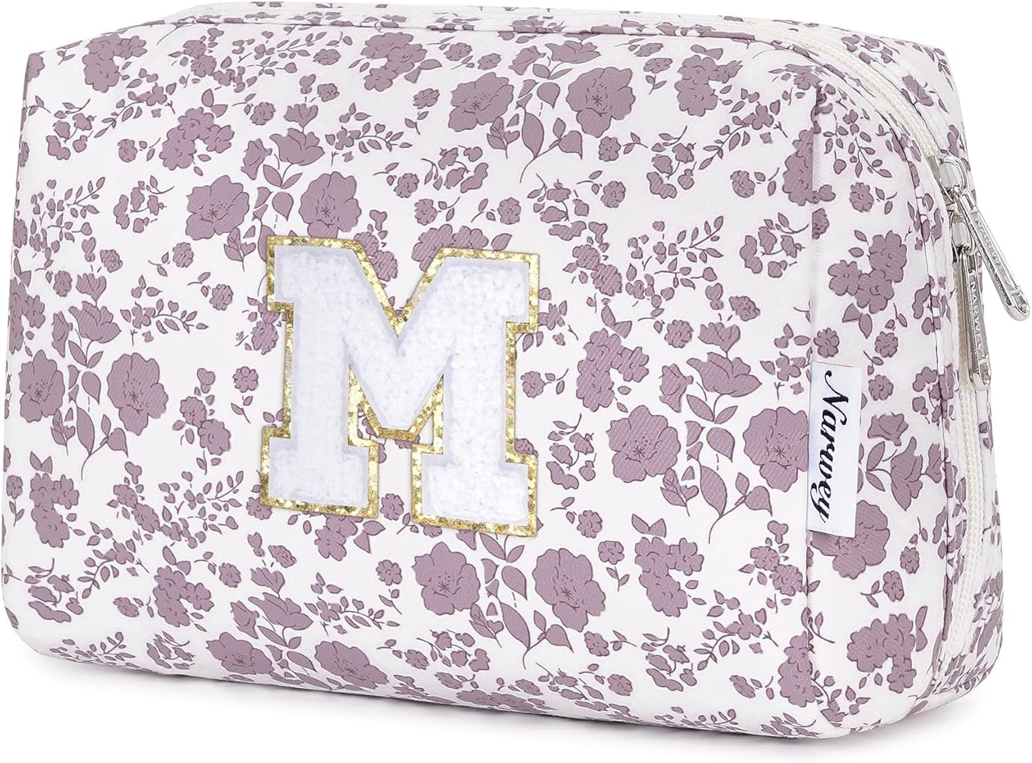 Narwey Birthday Gifts for Teen Girls Kids Women Personalized Initial Floral Makeup Bag Cute Cosmetic Trendy Stuff 6 8 10 11 12 13 14 16 18 Years Old Travel Toiletry Bag (Little Dusty Pink Flower M)