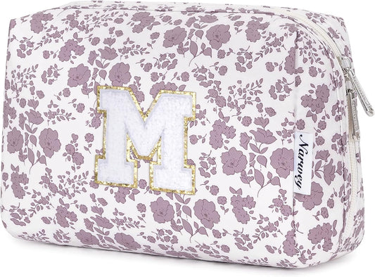 Narwey Birthday Gifts for Teen Girls Kids Women Personalized Initial Floral Makeup Bag Cute Cosmetic Trendy Stuff 6 8 10 11 12 13 14 16 18 Years Old Travel Toiletry Bag (Little Dusty Pink Flower M)
