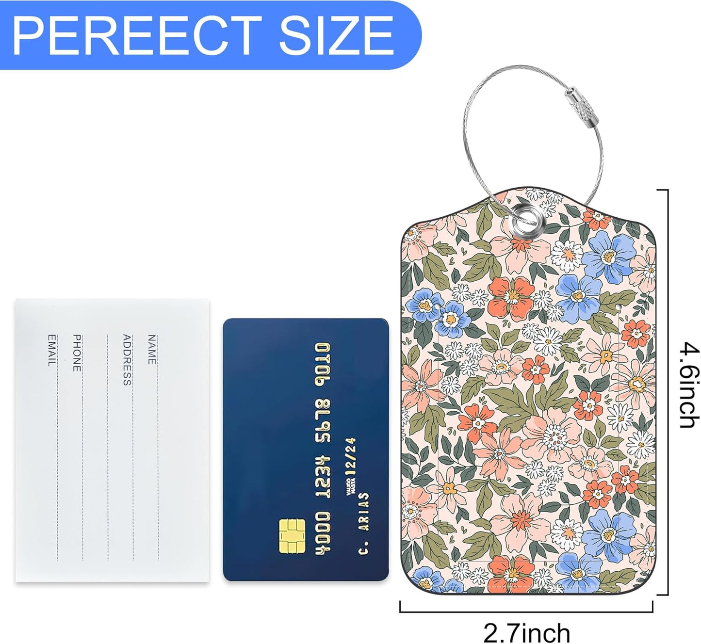 Elegant Floral Pattern Luggage Tags Set of 2 Delicate Daisy PU Leather Travel Baggage Tags with Privacy Cover and Stainless Steel Loop for Teens Adults Travel Bag Suitcase