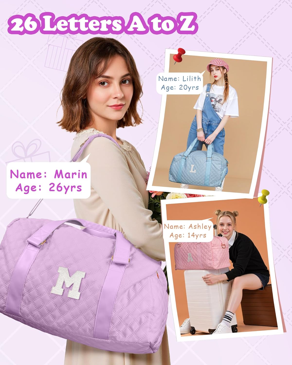Personalized Duffle Bag Women Girls Gift: Letter Carry on bags, Dance Cheer bag Sports for Girl, Kid Gymnastics Bags, Birthday Gifts for Women Girls Kids Teens Mom Teacher