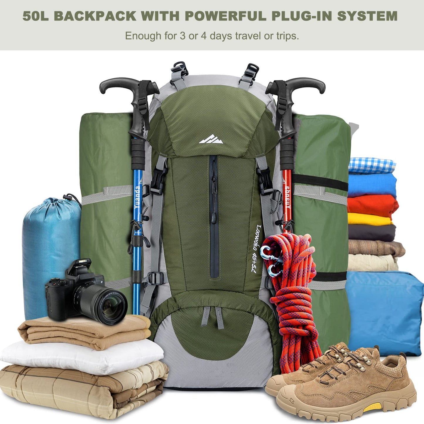 Loowoko 50L Hiking Backpack with Rain Cover for Both Men and Women