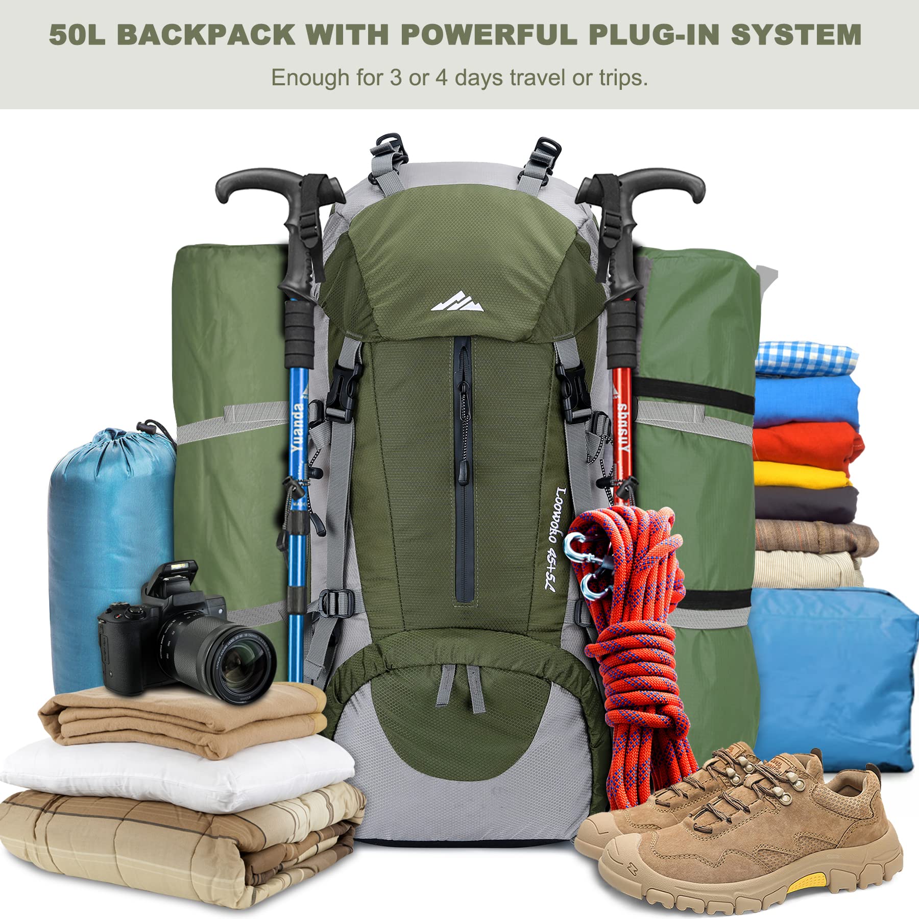 Loowoko 50L Hiking Backpack with Rain Cover for Both Men and Women