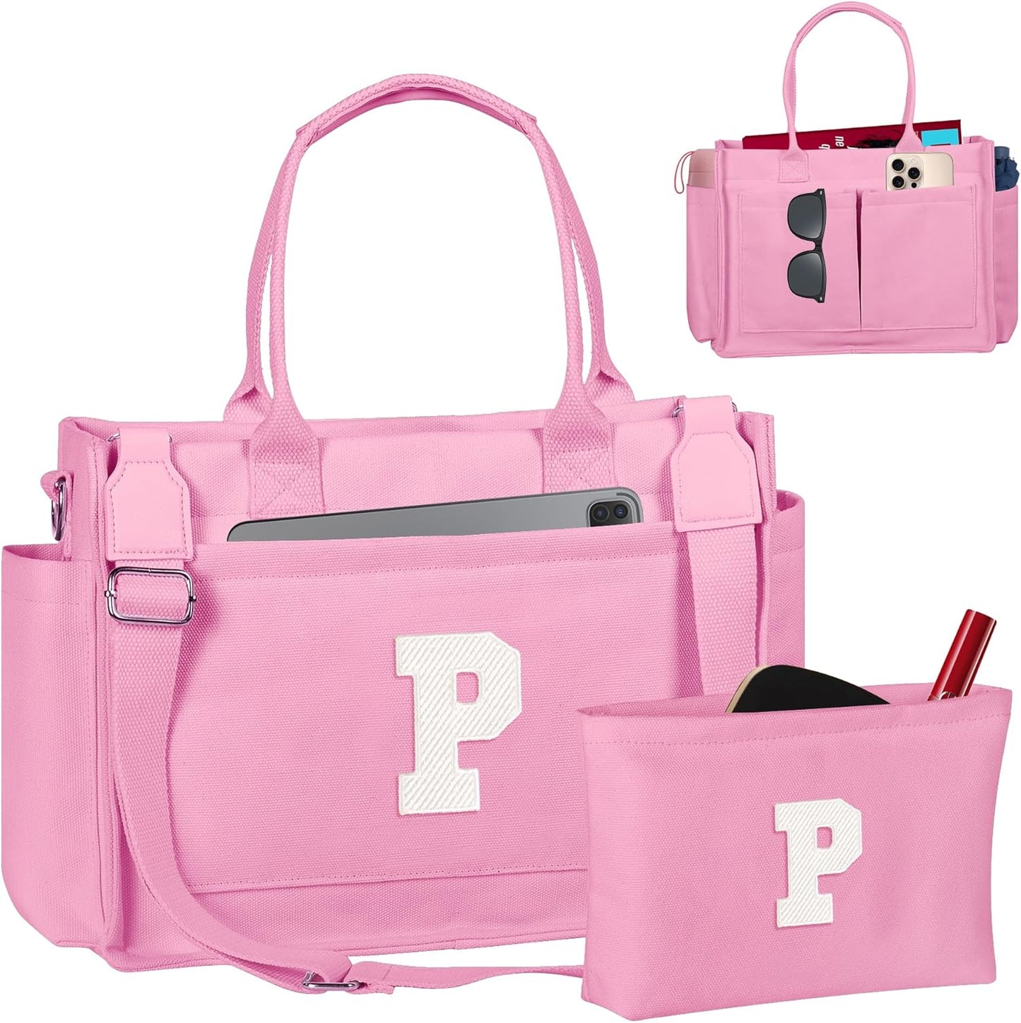 Gifts for Women Teen Girls, Initial Tote Bag with Zipper, Letter Canvas Tote Purse for College Work Laptop Beach