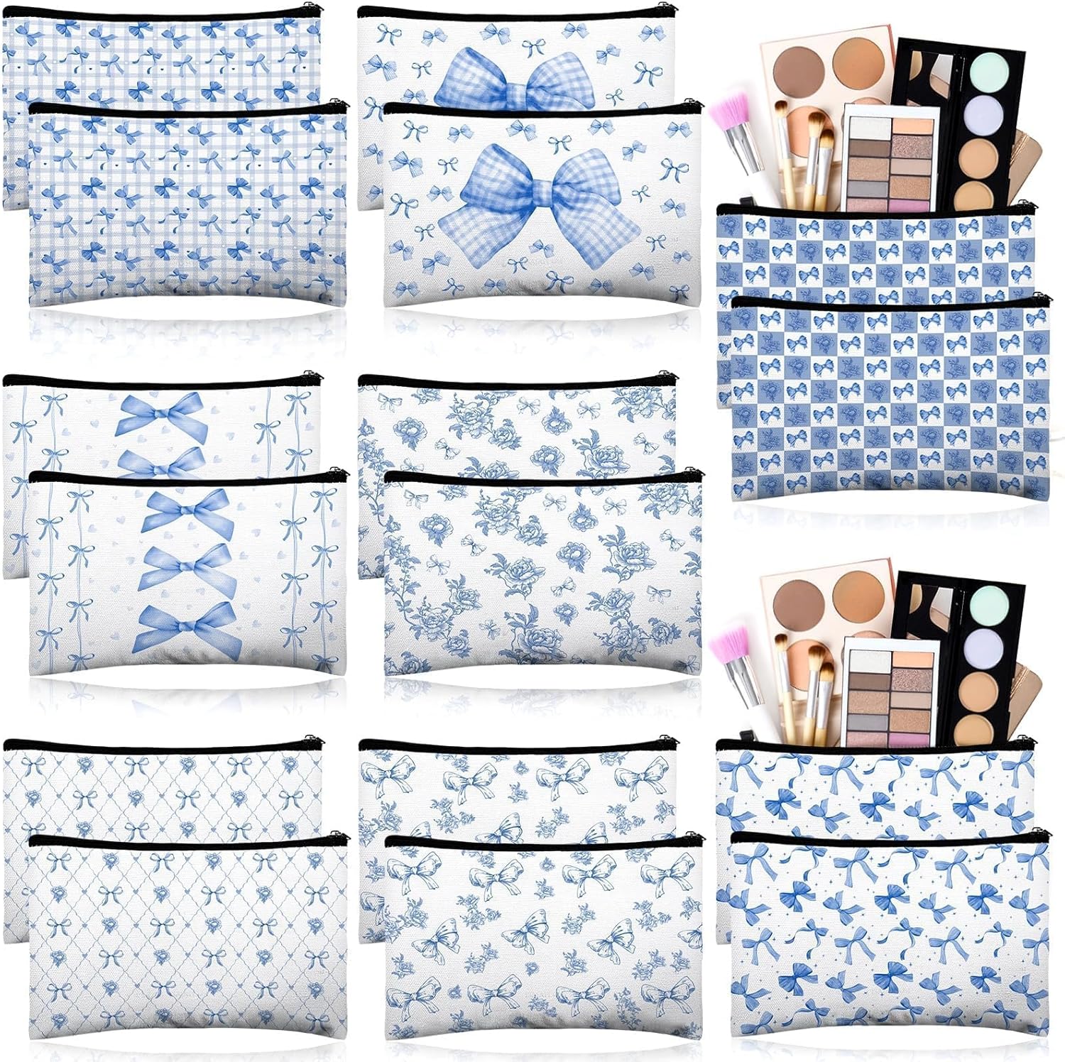 16 Pcs Bow Makeup Bags Bulk for Women Blue Coquette Aesthetic Preppy Cosmetic Bags Bow Floral